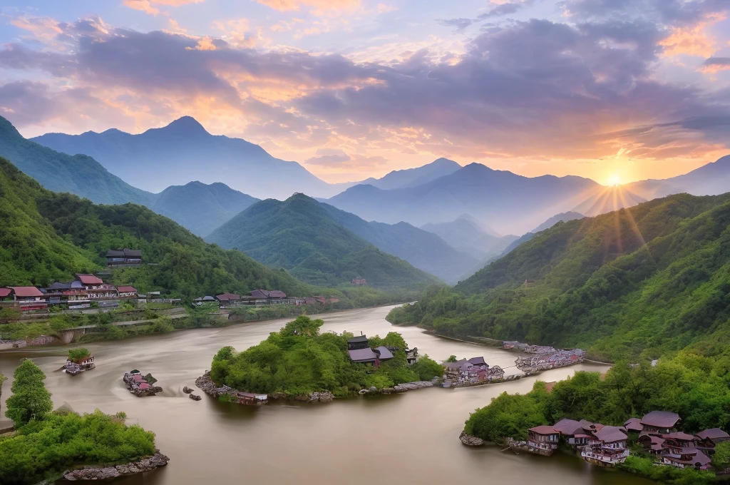 best quality, masterpiece, highres, shuimobysim, wuchangshuo, bonian, zhenbanqiao, badashanren, mountainous horizon, river, forest, village, sunset,
,