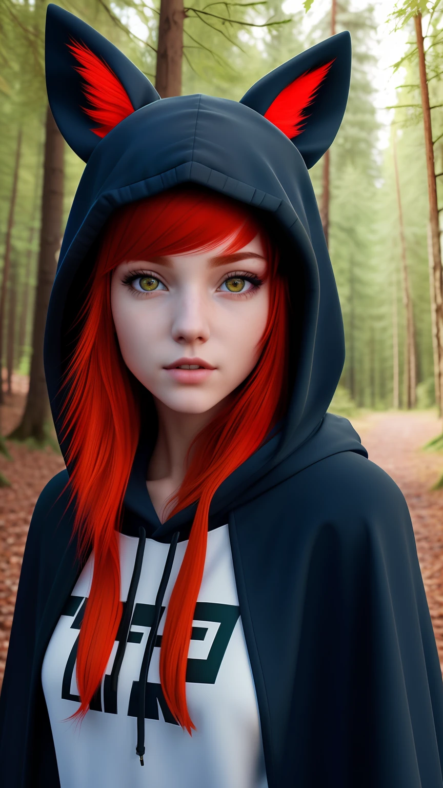 8k, best quality, ultra high res, (photorealistic:1.4), raw photo, ultra realistic, 1girl, red hair, animal ears, blue hood, hooded cape, pose for photo, ears sticking out, detailed face, detailed yellow eyes, detailed hair, forest background,-