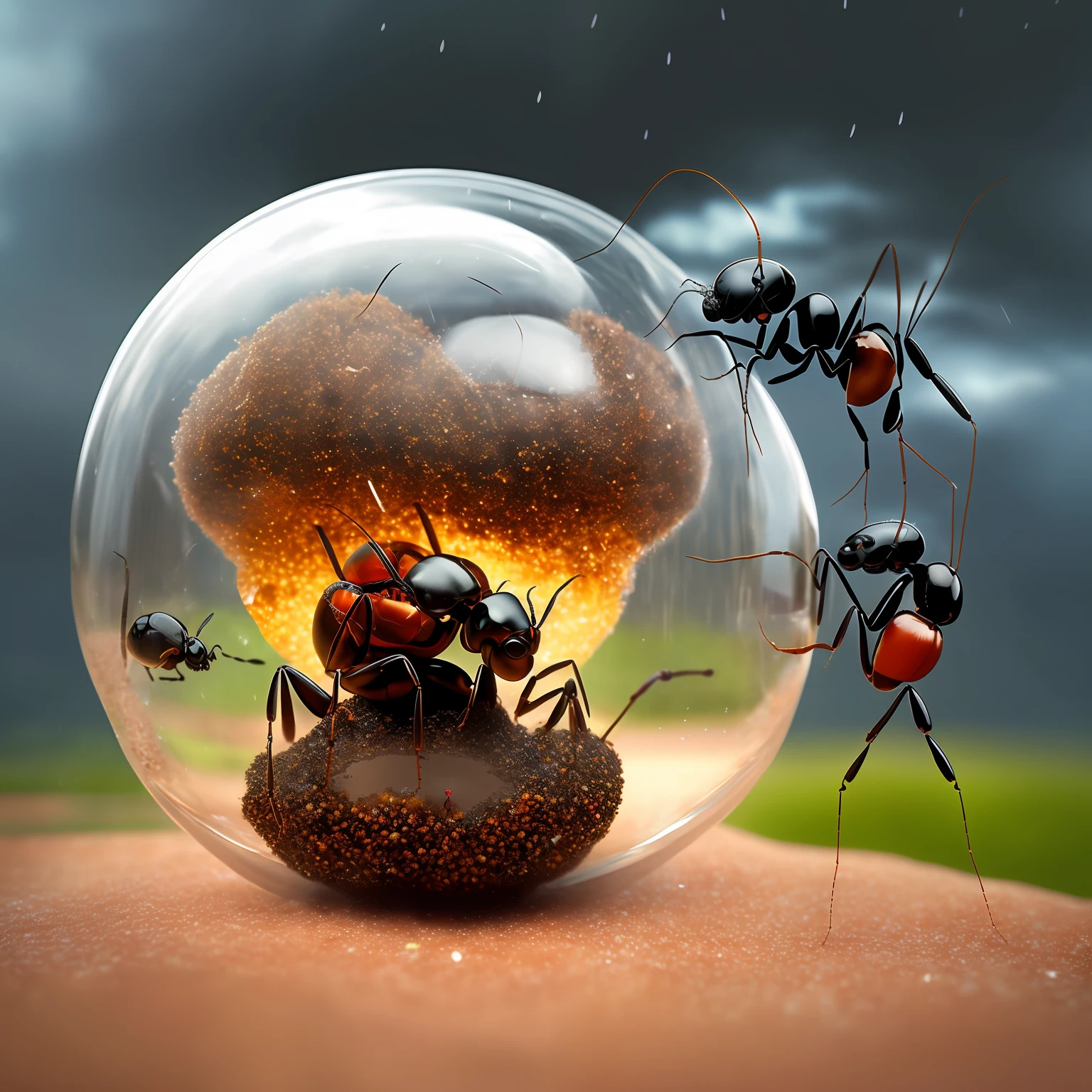 anthill like a glass sphere with colorful flying ants through a thunderstorm