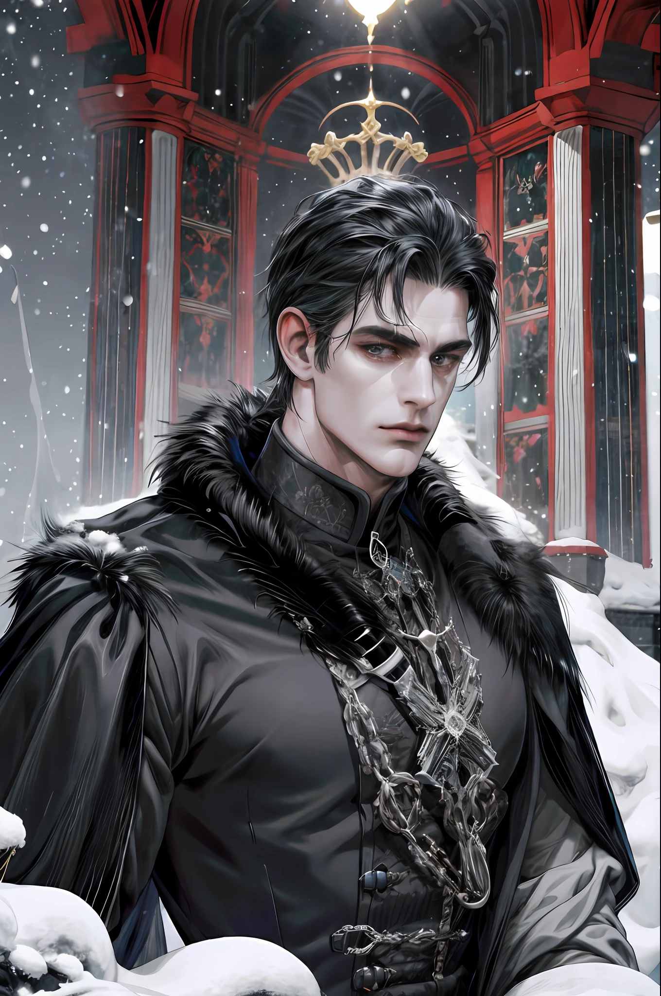 (absurdres, highres, ultra detailed), 1 male, mature, handsome, tall muscular guy, broad shoulders, intricate details, Fantasy, royal, nobleman, grand duke, very short hair, black hair, dark gray eyes, stoic, fur coat, black suit, winter, snow, dark, extreme cold, colorful, highest detailed, upper body