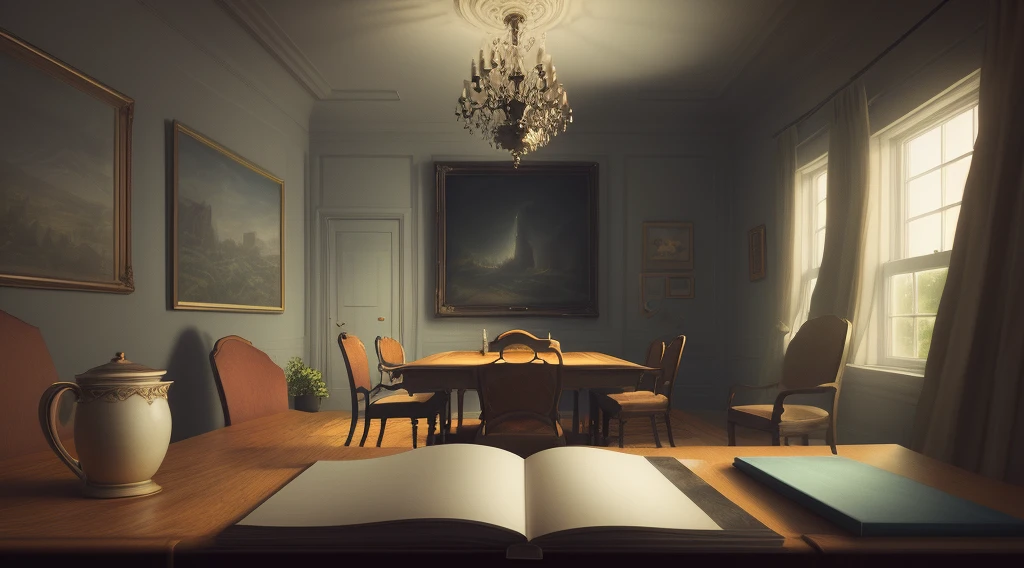 3D, Hand-drawn animation, storybook illustration, oil painting, detailed and realistic cartoon drawing style. Create an illustration of a secret meeting room, shrouded in mystery and intrigue. The room will be illuminated by a soft and diffuse light, creating an enigmatic atmosphere. Use the technique of oil painting to add texture and depth to the image, highlighting the realistic details of the furniture and objects present in the room. The illustration will be animated, with subtle movements and interactive elements that reveal secrets and clues.