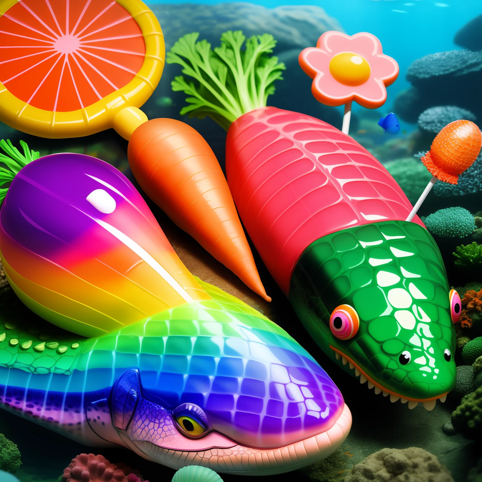 a rainbow carrot, a crocodile, a pink lollipop in an aquarium