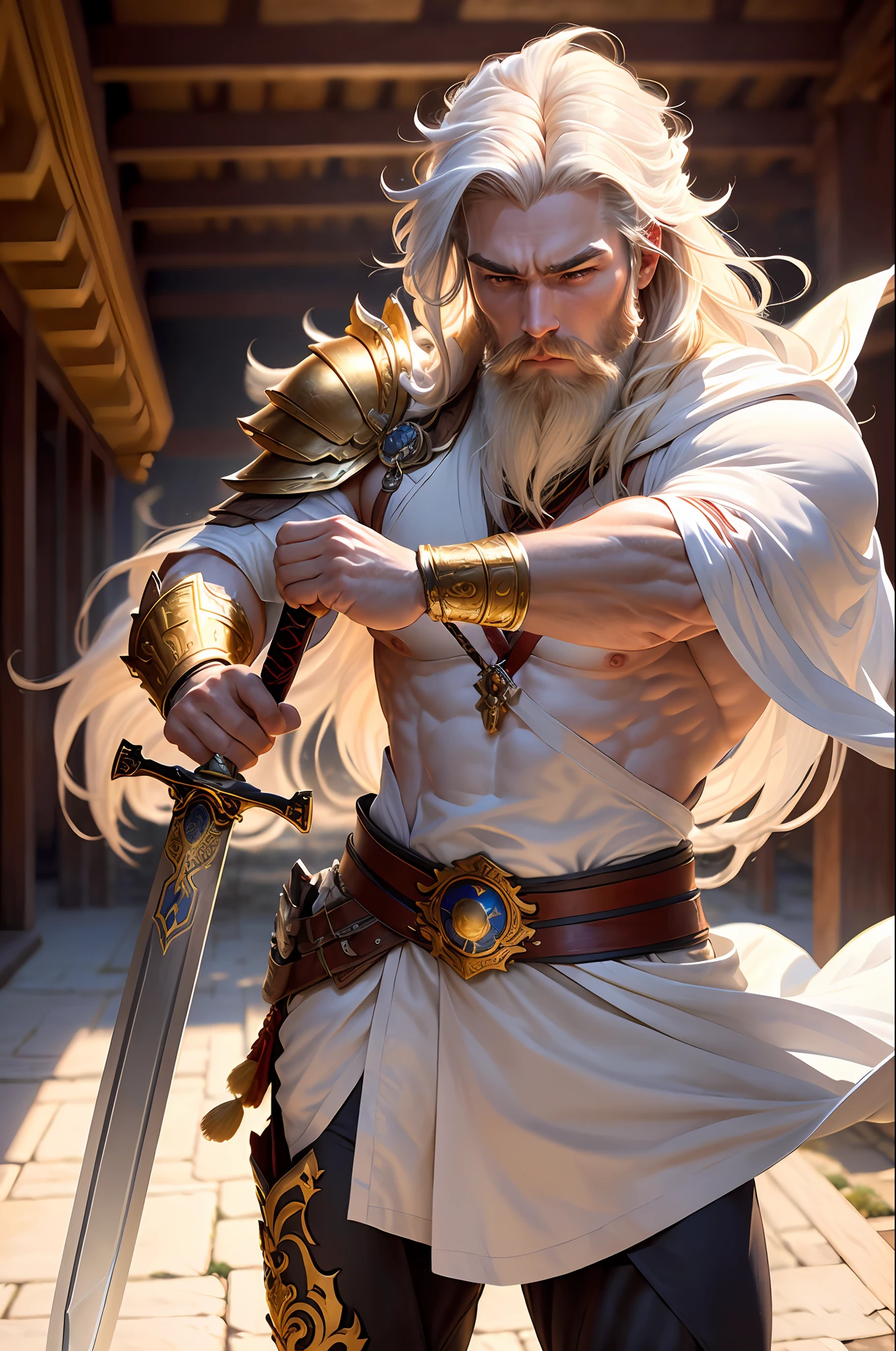 masterpiece, high quality, solo focus, (perfect face: 1.1), (high detail: 1.1), (dramatic, 1.5), (long white hair: 1.3) action photo, strong, 1 muscular man, dressed in imperial prince clothes and golden armor: 1.3, gold jewelry: 1.3, platinum samurai hair: 1.3, holding long sword 1.2), (in a temple, during the day, bright light: 1.3), young man, messy hair, battle stance, hyper-detailed, digital art, studio quality, smooth rendering, unrealistic rendering of 5 engine, octane rendering, 8K, european man with viking features, white cape, bearded, long beard