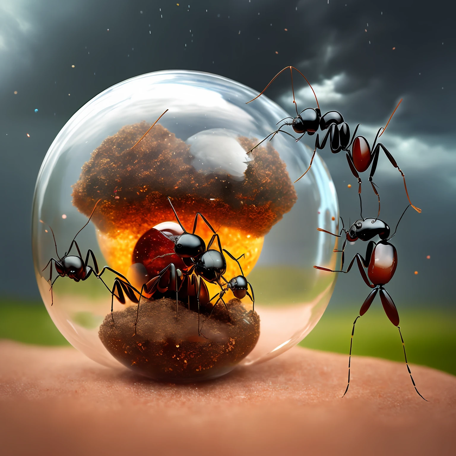 anthill like a glass sphere with colorful flying ants through a thunderstorm