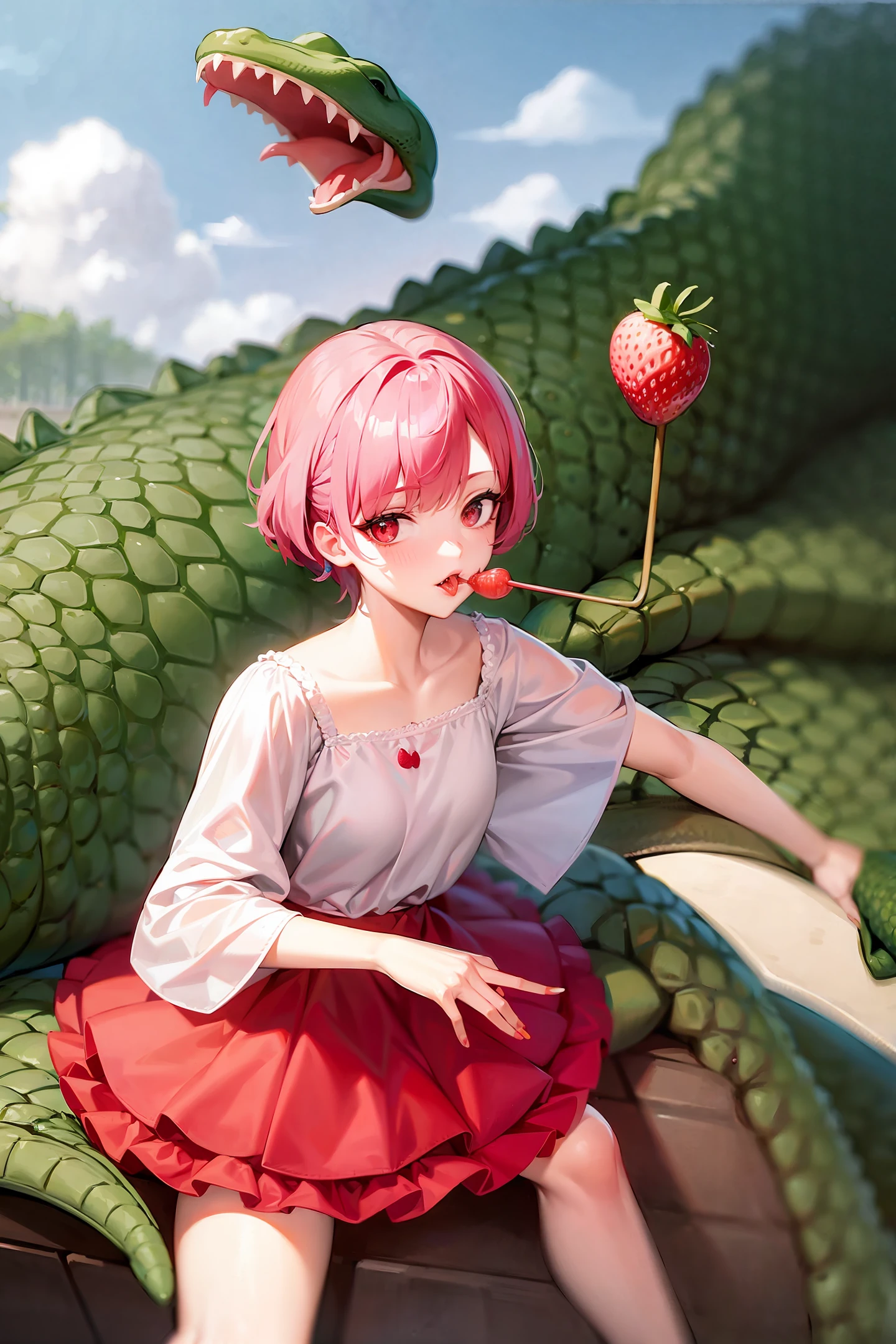 Crocodile that eats a strawberry lollipop