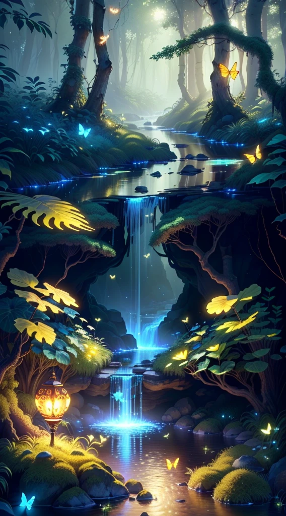 Masterpiece, best quality, butterflies, (highly detailed CG unity 8k wallpapers), (best quality), (best illustrations), (best shadows), forest theme with natural elements. Tall trees, quiet streams, small glowing mushrooms surrounded by delicate leaves and branches, with fireflies and glowing particle effects,, (natural elements), (jungle theme), (leaves), (twigs), (fireflies), butterflies, (delicate leaves), (glow), (particle effects). , Isometric 3D, Octane Rendering, Ray Traced, Super Detailed