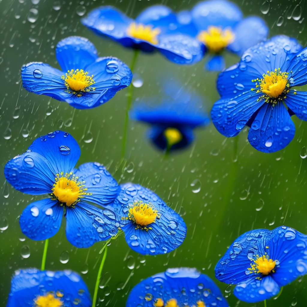 there are many blue flowers with yellow centers in the rain, flowers rain everywhere, after the rain, himalayan poppy flowers, focus on droplets, after rain, droplets, raindrops, just after rain, raining, dewdrops, wet from rain, summer rain, blue flowers, macro photography 8k, magical flowers, detailed droplets, rain drops