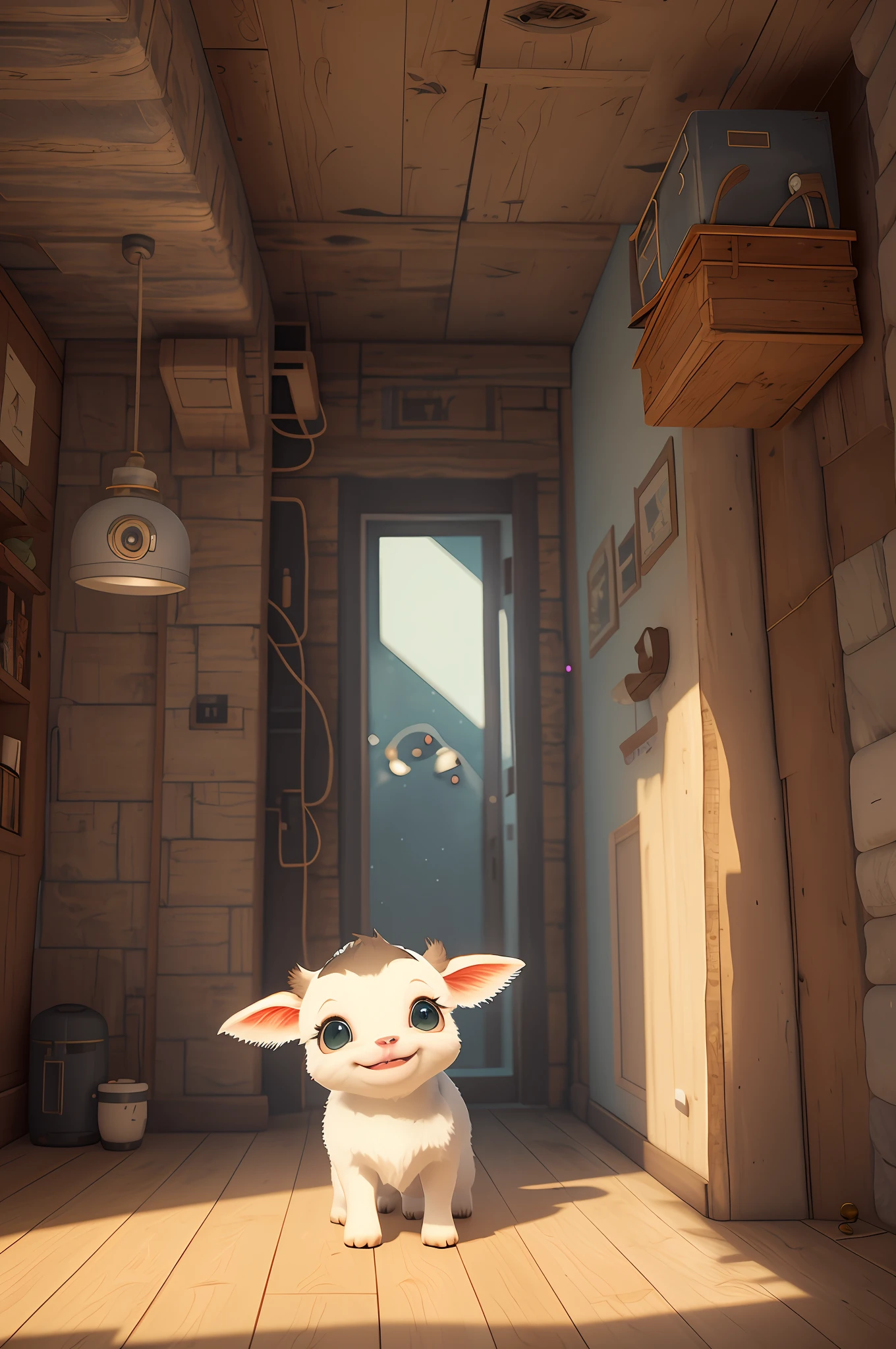 Cute cute calf waving and smiling greeting me, Unreal Engine, cozy interior lighting, art station, detailed digital painting, film, character design by Mark Redden and Pixar and Hayao Miyazaki, Unreal 5, daz, surrealism, octane rendering, 3DMDT1, close-up, delicate fur, snow-white teeth