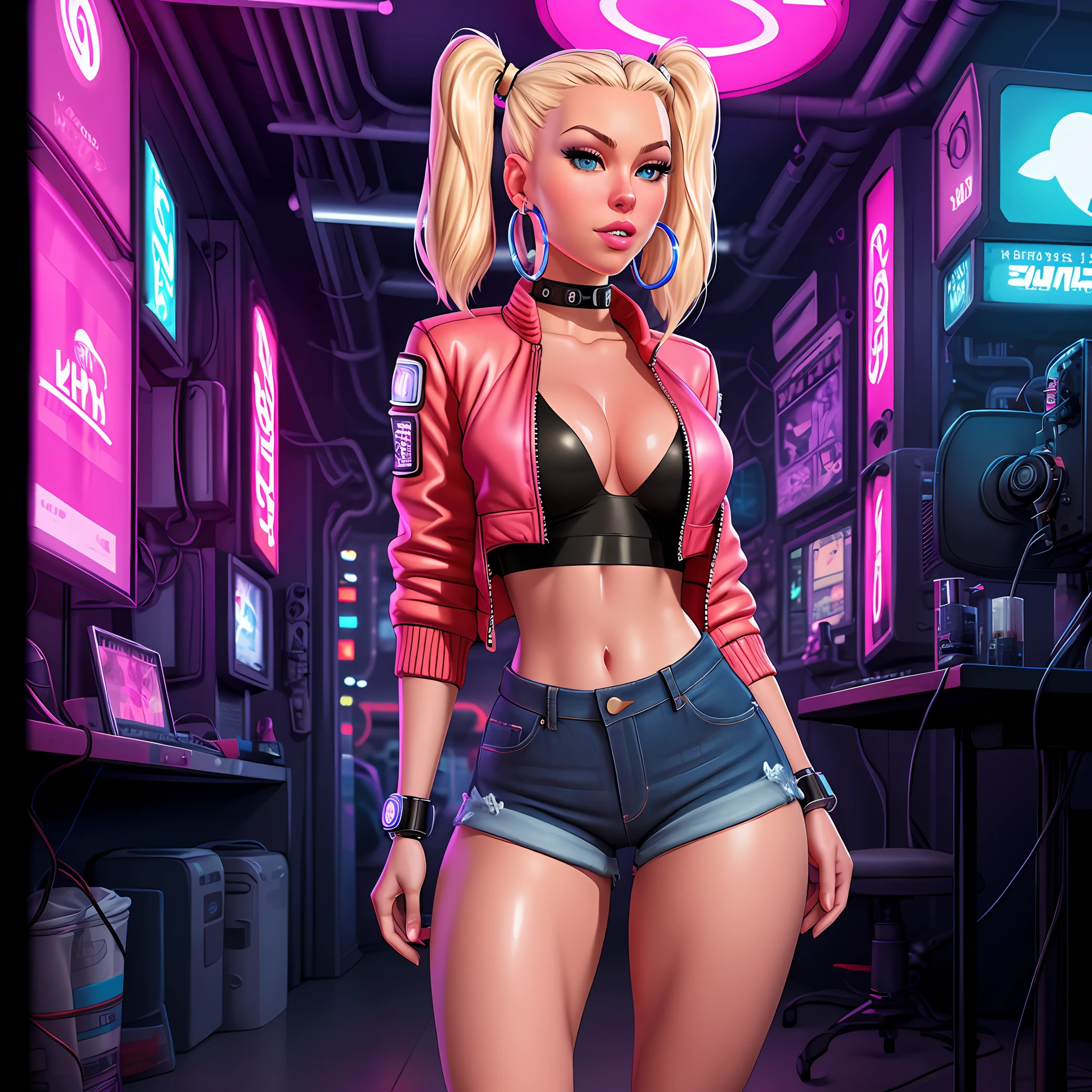 analog style, woman, (thepit bimbo:0.6)), blue eyes, black crop top with text, hoop earrings, detailed, skin texture, back-length hair, blonde hair, full lips, full body perspective, platform heels, collar, pink jacket, centered, tan skin, looking at viewer, kneesocks, 8k, highly detailed, glossy, [Nina Dobrev|Emma Stone], symmetric, realistic, photo-realistic, cleavage focus, pout, jeans shorts, bracelet, studio lights, wide hips, glowing colors, glowing skin, twintails, cyberpunk, cybernetic eyes, glowing eyes, cybernetic lines