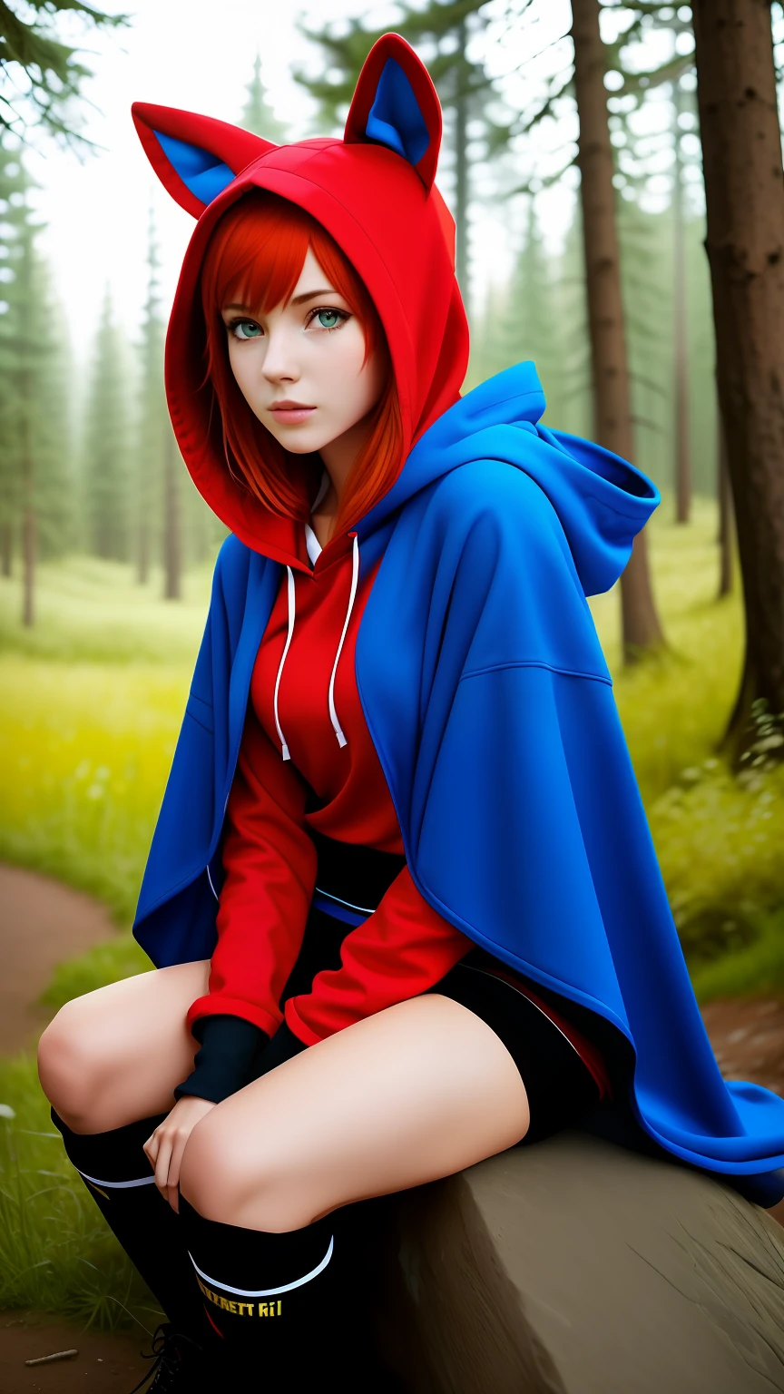 8k, best quality, ultra high res, (photorealistic:1.4), raw photo, ultra realistic, 1girl, red hair, animal ears, blue hood, hooded cape, pose: sitting a rock, ears sticking out, detailed face, detailed yellow eyes, detailed hair, forest background,-