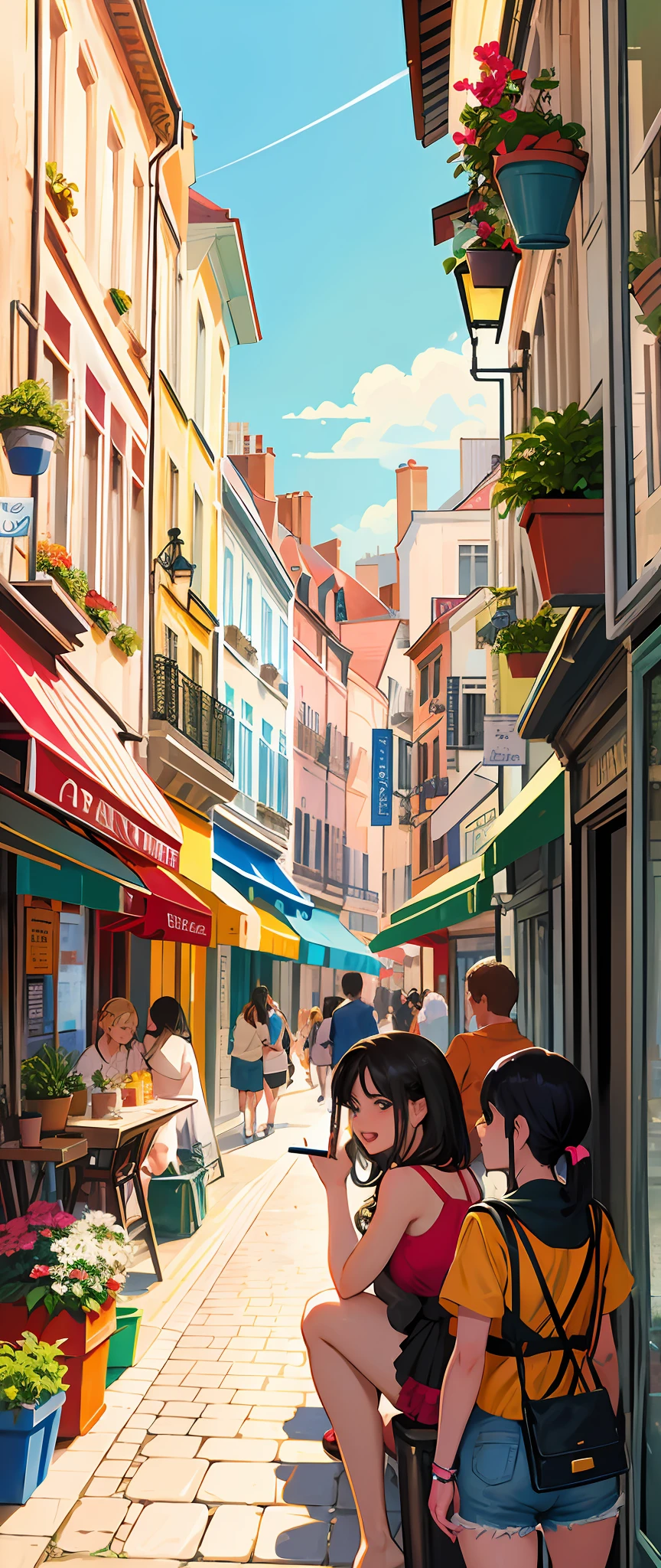 illustration of a summer scene, famous rue de Paris, with young people walking, sexy, happy and joyful, with pretty girls, by Raphaël Collin, by Bernard D'Andrea, inspired by Tomer Hanuka, (asaf hanuka), by Asaf Hanuka, by Tomer Hanuka, by Clément Serveau, inspired by Asaf Hanuka, by Róbert Berény, French comic book style, Very detailed face