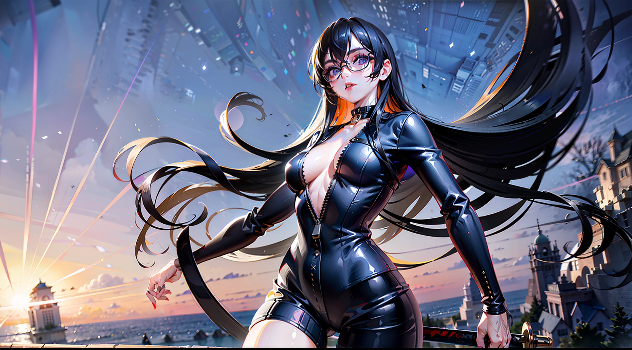 1girl, solo, lilac eyes,black fox years,long hair,black hair,katana in hand, glasses, sun, day, sea, ((3d:1.1)), ambient occlusion and volumetric light, masterpiece, realistic eyes, detailed face, detailed hands, detailed legs, detailed fingers, detailed hair, detailed eyes, detailed skin, dynamic lighting, (photorealistic:1.4), 8k uhd, (hyper realistic), (photo realistic), (masterpiece), (best quality)