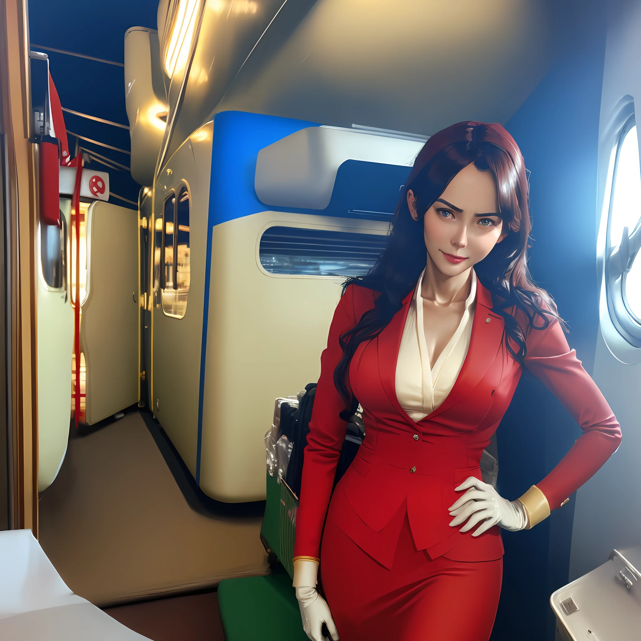 (flight attendant,travel attendant)), , hand on hip, tight elbow gloves, from above, (looking away), (parted lips),happy, smile,(detailed eyes,bright pupils),shiny skin, skindentation, hiqcgbody,big eyes,unparalleled masterpiece, ultra realistic 8k CG, clean, beautiful face, shiny skin,(skindentation), by Ed Blinkey, Atey Ghailan, Studio Ghibli, by Jeremy Mann, Greg Manchess, Antonio Moro, trending on ArtStation, trending on CGSociety, Intricate, High Detail, Sharp focus, dramatic, Ithlinni