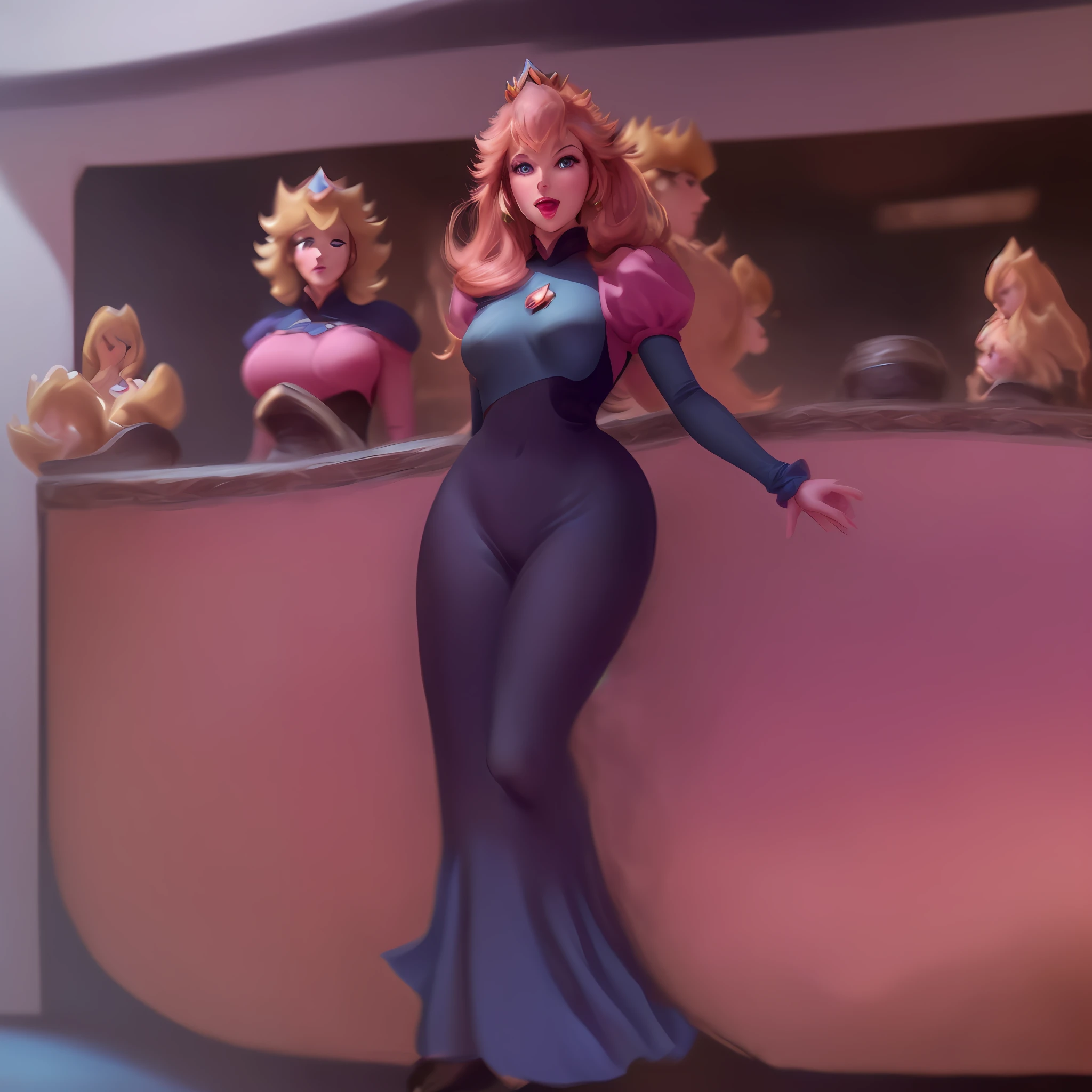 (An ultra-detailed CG illustration of) Princess Peach, (a character from the Mario series), wearing a (tight-fitting) Strafleet uniform, (with a dynamic pose and expression, emphasizing) her delicate features, (blue eyes, pink lips)!