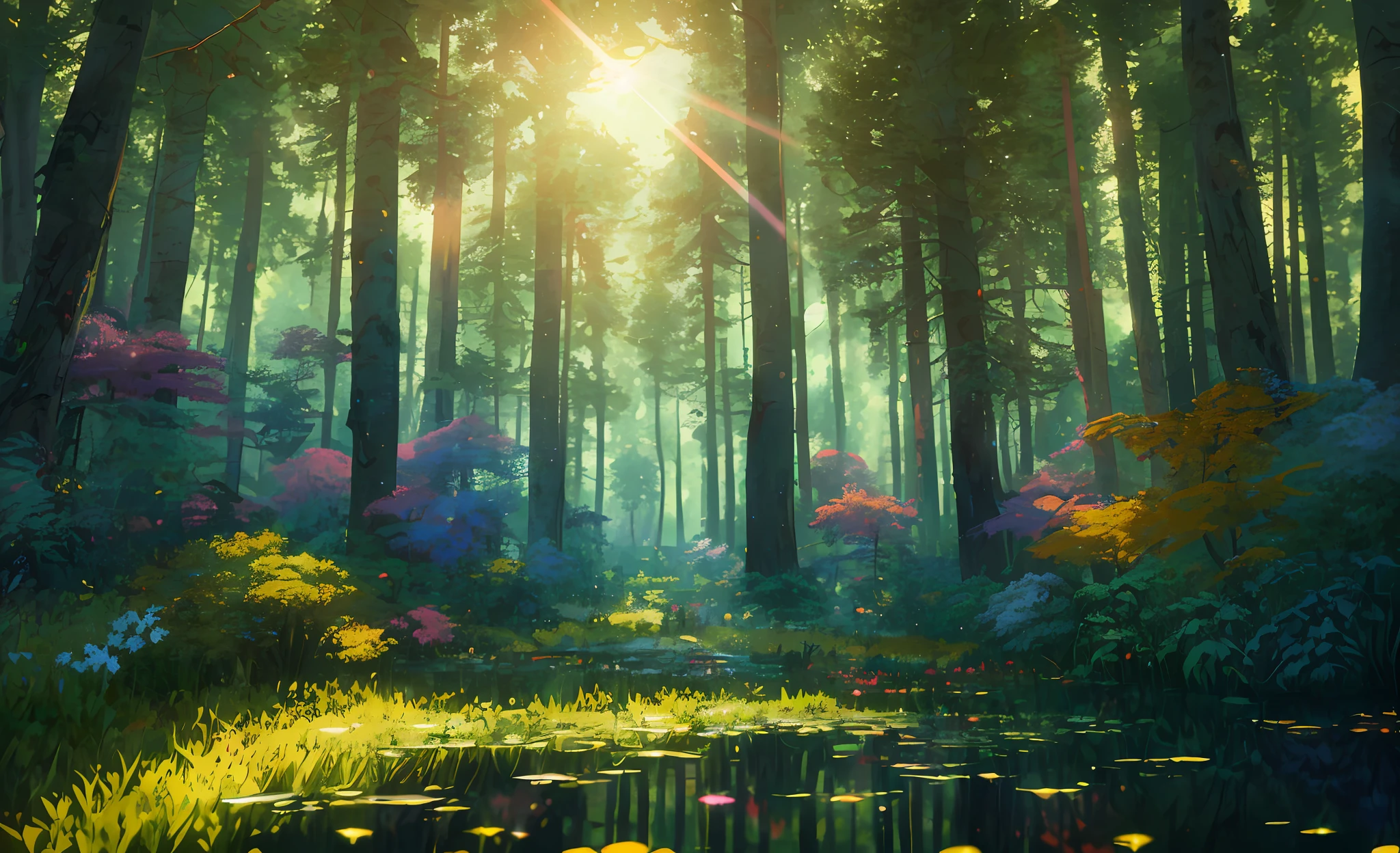 Analog style, ChromaV5, nwinkpunk (extremely detailed CG unity 8k wallpaper), forest scenery from The Nine Princes of Amber, lens flares, award-winning photography, chromatic aberration, detail, HDR, Bloom, Monet style, Pissarro and Sisley, trending on ArtStation , a trend on CGSociety, art from mid-travel