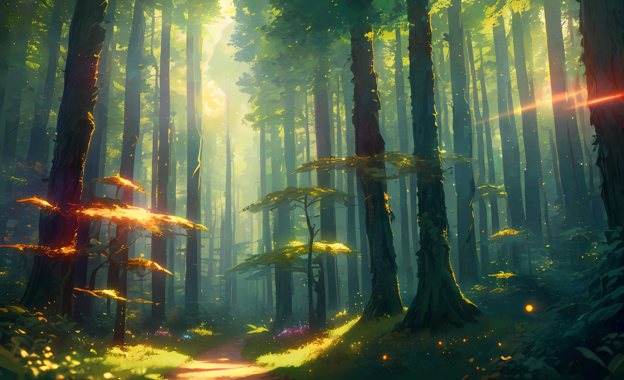 Analog style, ChromaV5, nwinkpunk (extremely detailed CG unity 8k wallpaper), forest scenery from The Nine Princes of Amber, lens flares, award-winning photography, chromatic aberration, detail, HDR, Bloom, Monet style, Pissarro and Sisley, trending on ArtStation , a trend on CGSociety, art from mid-travel