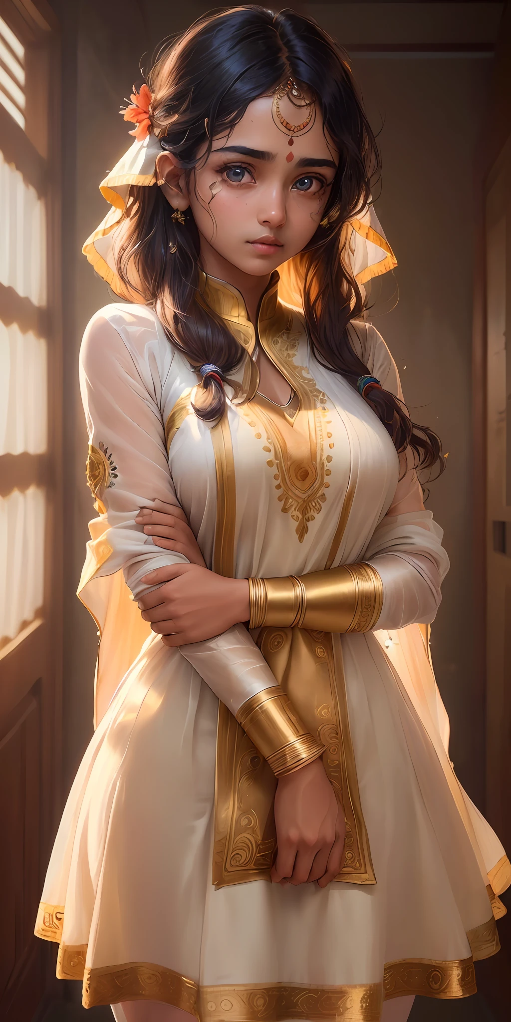 (extremely detailed CG unity 8k wallpaper:1.5),<(masterpiece:1.5), (best quality:1.7), high resolution illustration, (finely detailed eyes and detailed face:1.3), (detail:1.3, best quality, (ultra-detailed), (an extremely delicate and beautiful), (illustration), (painting),(masterpiece:1.5),cinematic light,dynamic angle,floating,sharp focus,(2d:1.7), (best quality:1.3),(illustration:1.1),((disheveled hair:1.2),(beautiful detailed eyes:1.1),(cinematic light:1.1), Indian girl, wearing Indian traditional dress,