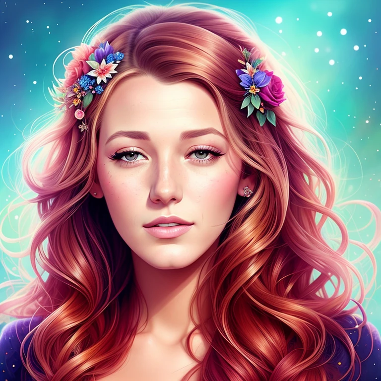 floral theme, beautiful face of Blake Lively, by Anna Dittmann, Adobe Illustration, Trending on Artstation, hd, 8K, by C215, lighting by Rembradt, Anna Dittmann, -