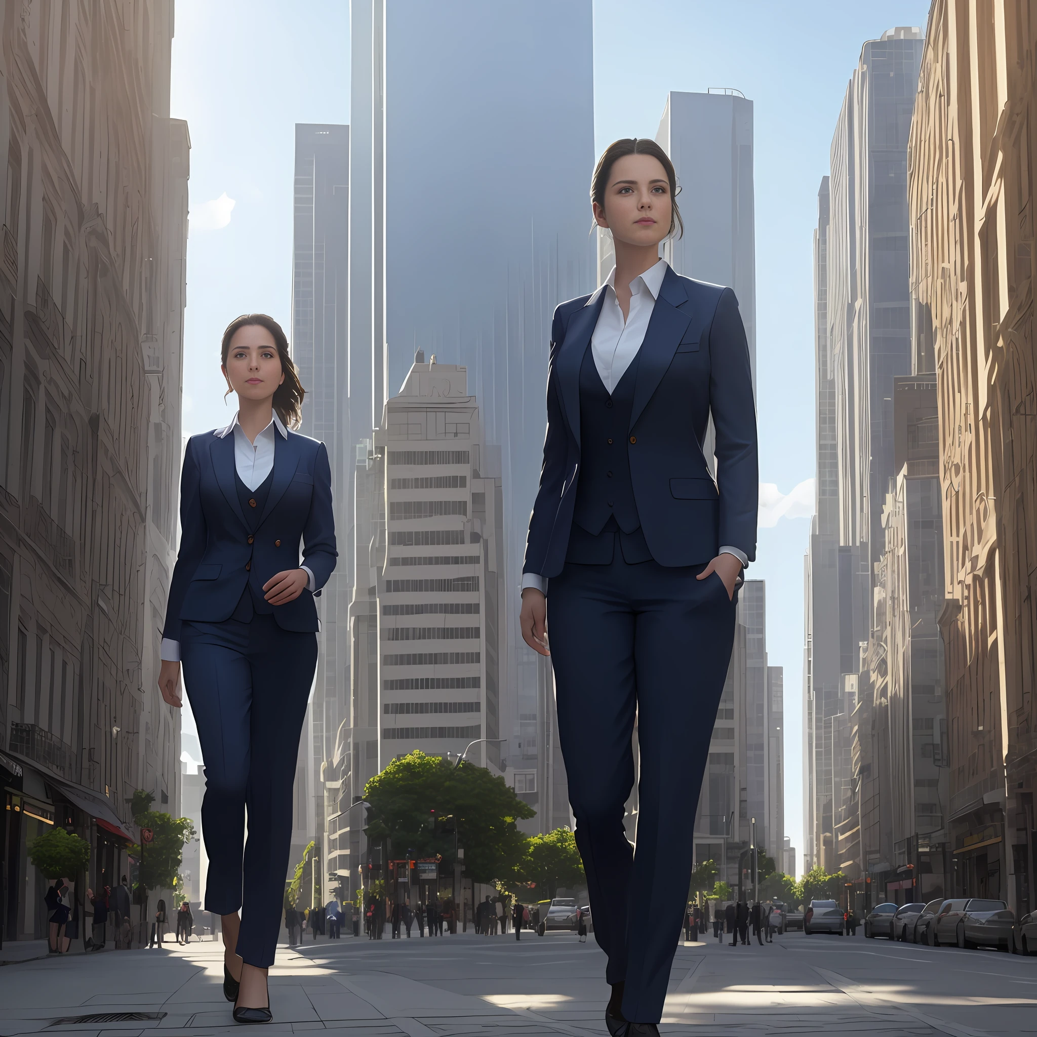 (8k, RAW photo, best quality, masterpiece: 1.2), (realistic, photorealistic: 1.37), 1 woman in suit standing on the sidewalk, cityscape, day, sunny morning, professional lighting, photon mapping, radiosity, Brazilian woman, torn, shirt, woman in suit, silk suit