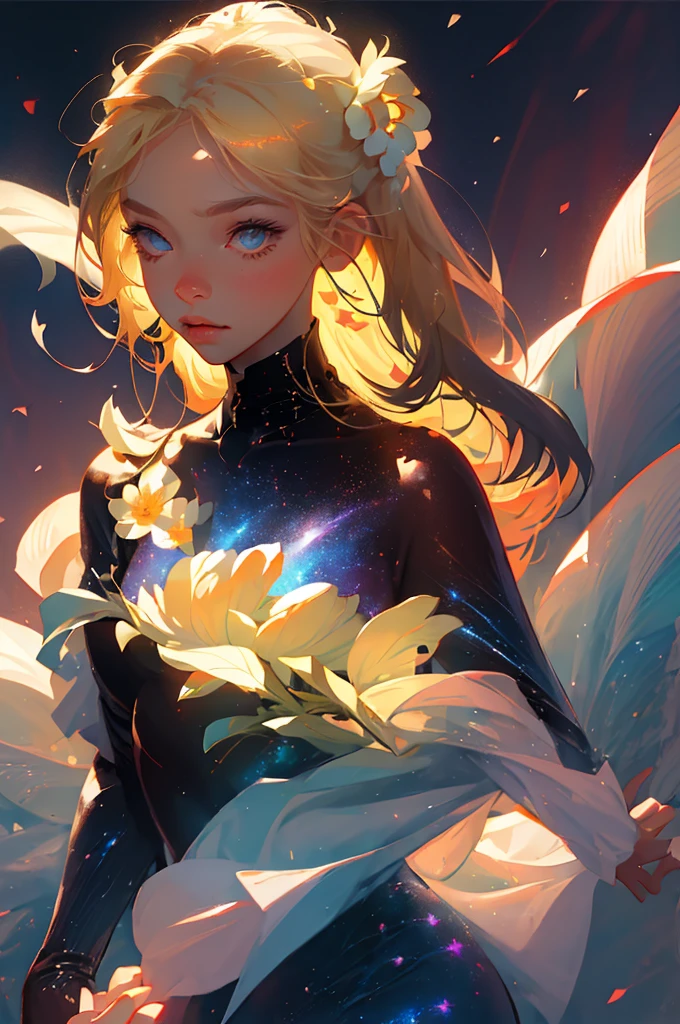 (best quality, masterpiece), 1girl, pose, particle, wind, flower, upper body, simple background, looking at viewer, blonde, galaxy,