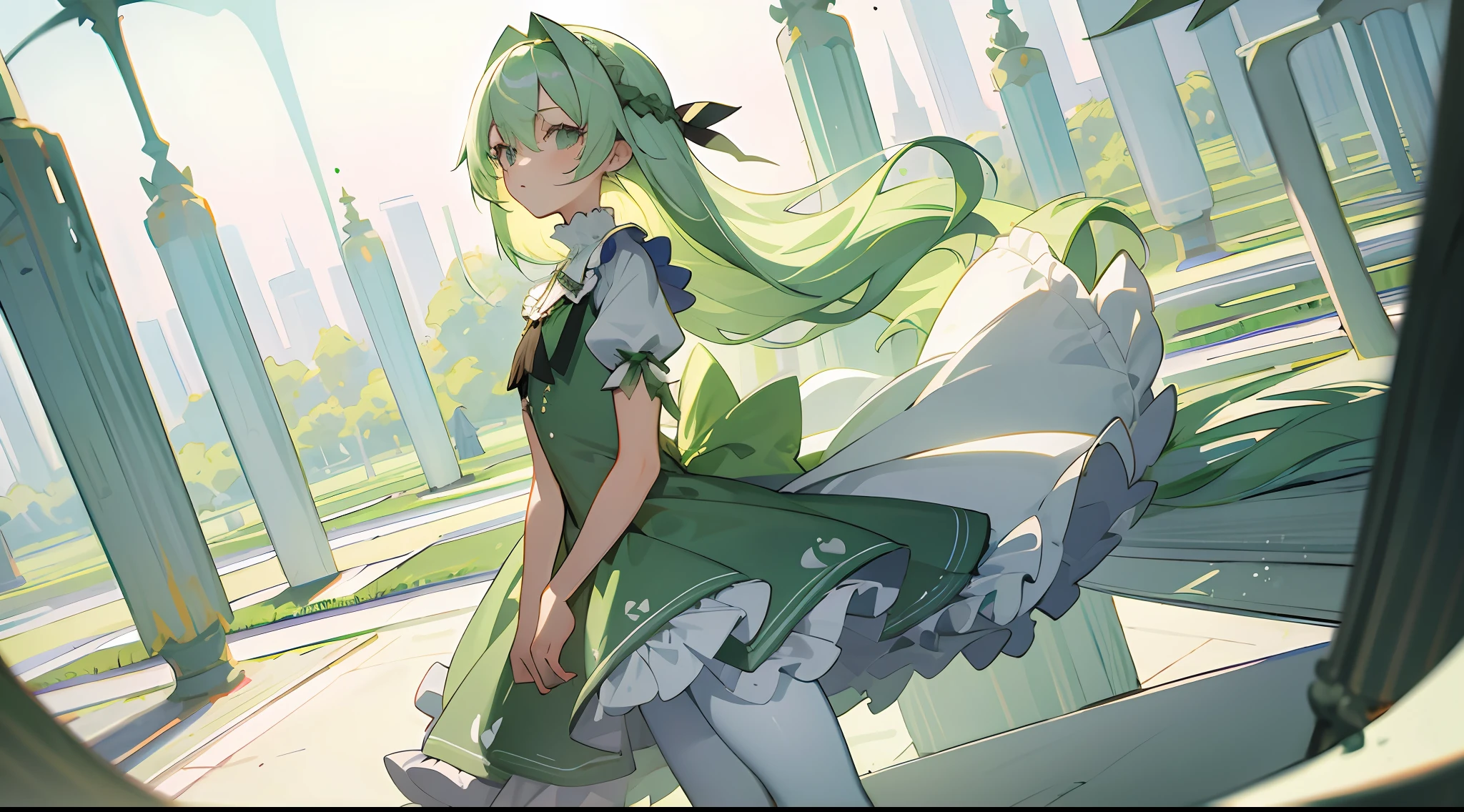 (masterpiece, best quality:1.3), 1girl, light green hair, sad, 18, white frilly dress, leggings, long hair