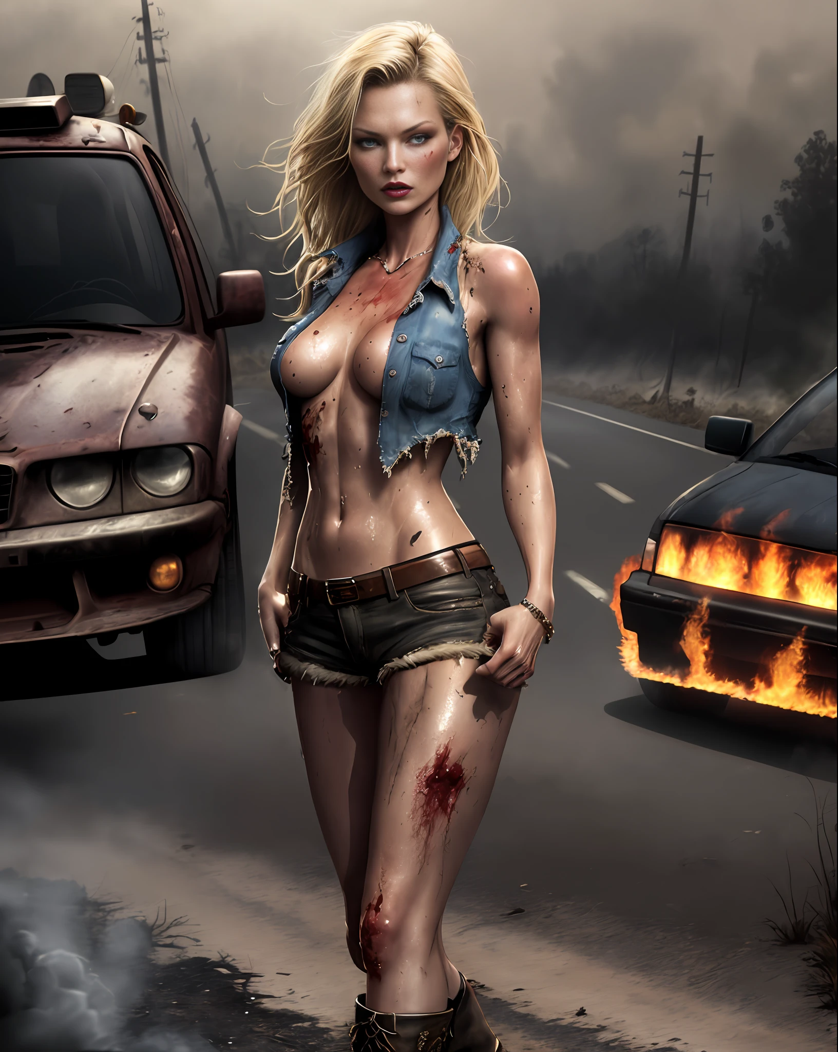 Kate Moss (beautiful and bold, seductive and attractive, blue eyes, pointed breasts, blonde hair, dark lipstick, sweaty body, open shirt, short shorts, boot, thick legs). (deserted road, dirt road, blood, zombies, smoke, fire, cars on fire, abandoned road, zombie movie, apocalyptic setting, cinematic effect), (Best quality, masterpiece, depth of field, Full HD, 4K, richness of detail). Portrait style