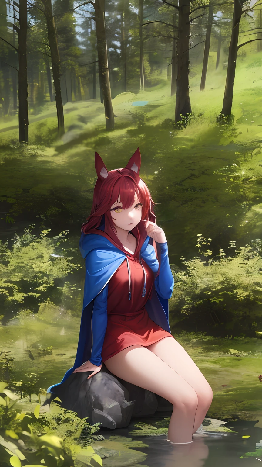 8k, best quality, ultra high res, (photorealistic:1.4), raw photo, ultra realistic, 1girl, red hair, animal ears, blue hood, hooded cape, pose: sitting a rock, ears sticking out, detailed face, detailed yellow eyes, forest background,-