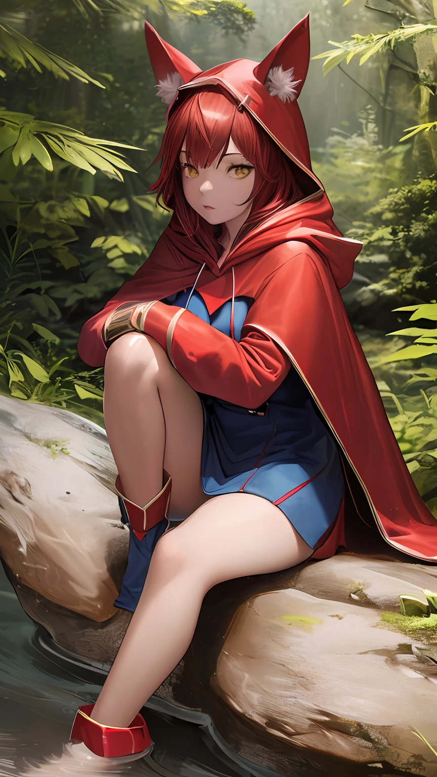 8k, best quality, ultra high res, (photorealistic:1.4), raw photo, ultra realistic, 1girl, red hair, animal ears, blue hood, hooded cape, pose: sitting a rock, ears sticking out, detailed face, detailed yellow eyes, forest background,-