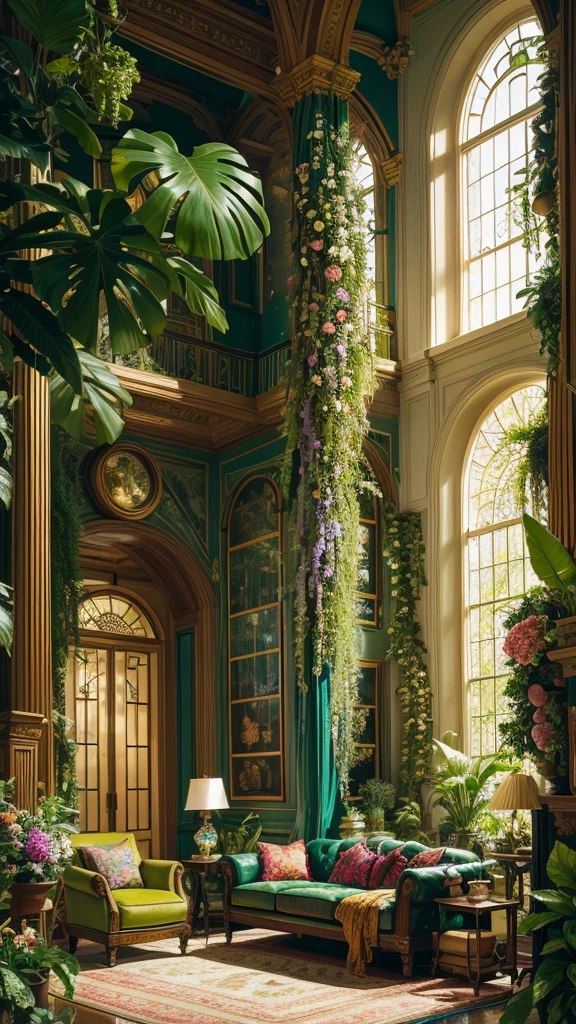 Architectural Digest photo of a maximalist green {vaporwave/steampunk/solarpunk} living room with lots of flowers and plants, golden light, hyperrealistic surrealism, award winning masterpiece with incredible details, epic stunning,