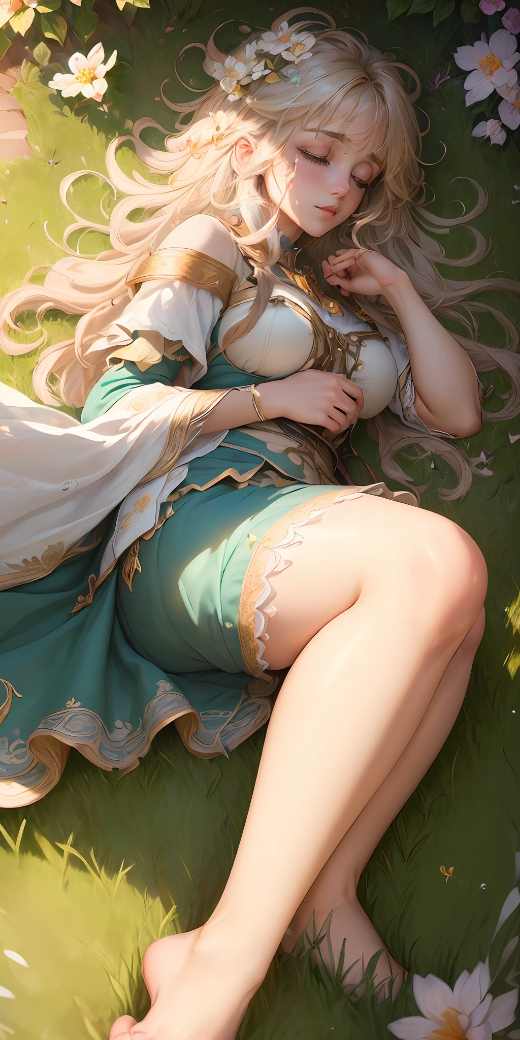(extremely detailed CG unity 8k wallpaper:1.5),<(masterpiece:1.5), (best quality:1.7), high resolution illustration, (finely detailed eyes and detailed face:1.3), (detail:1.3, best quality, (ultra-detailed), (an extremely delicate and beautiful), (illustration), (painting),(masterpiece:1.5),cinematic light,dynamic angle,floating,sharp focus,(2d:1.7), (best quality:1.3),(illustration:1.1),((disheveled hair:1.2),(beautiful detailed eyes:1.1),(cinematic light:1.1), , in the beautiful garden, sleeping on the grass,