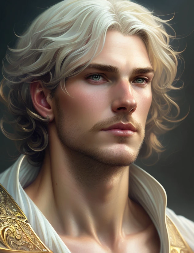 Up close portrait of a male angel, d & d, face, fantasy, intricate, elegant, highly detailed, digital painting, artstation, concept art, smooth, sharp focus, illustration, art by artgerm and greg rutkowski and alphonse mucha