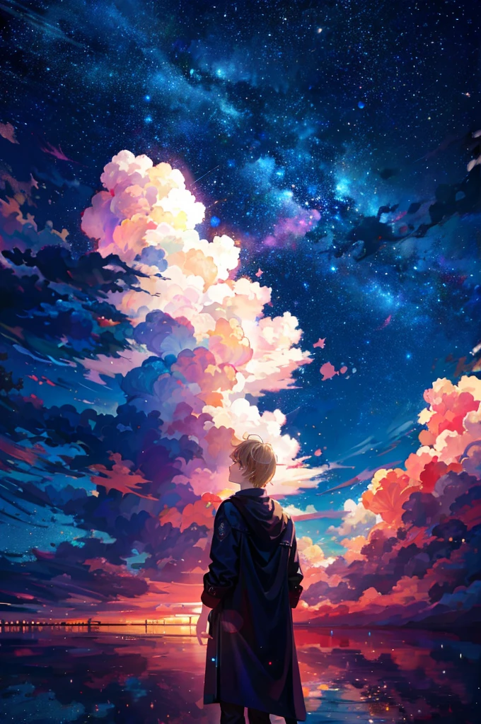 masterpiece, best quality, 1boy, clouds, starry, sky, colorful