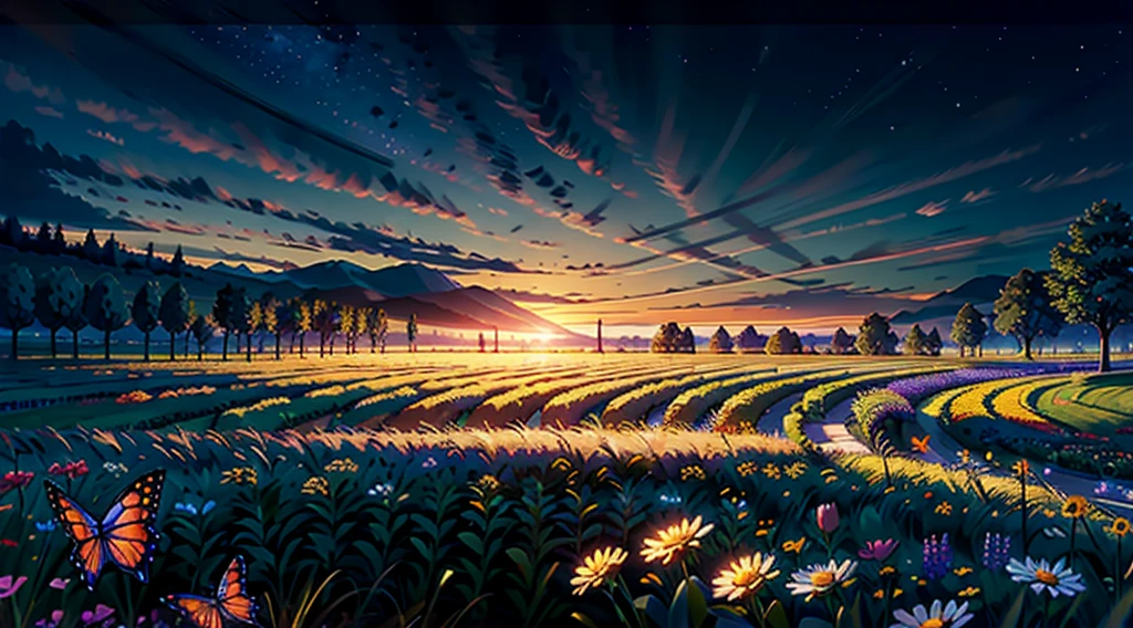 night, field, butterflyes, 8k uhd, (hyper realistic), (photo realistic), (masterpiece), (best quality)