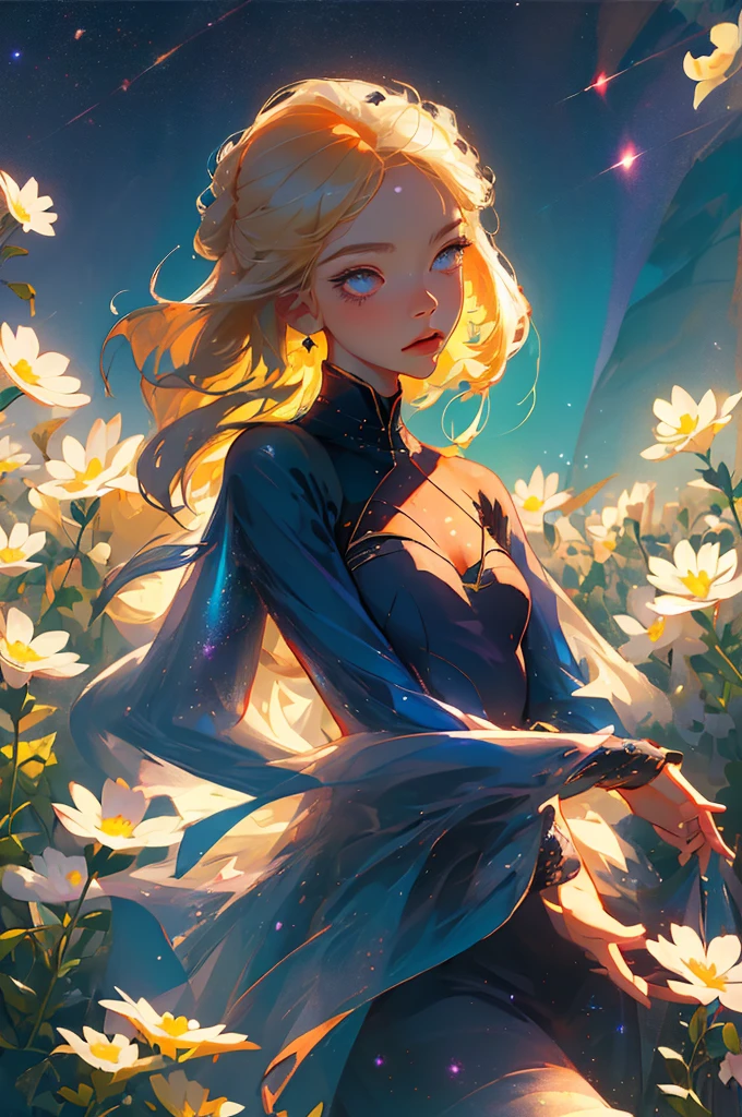 (best quality, masterpiece), 1girl, pose, particle, wind, flower, upper body, simple background, looking at viewer, blonde, galaxy,
