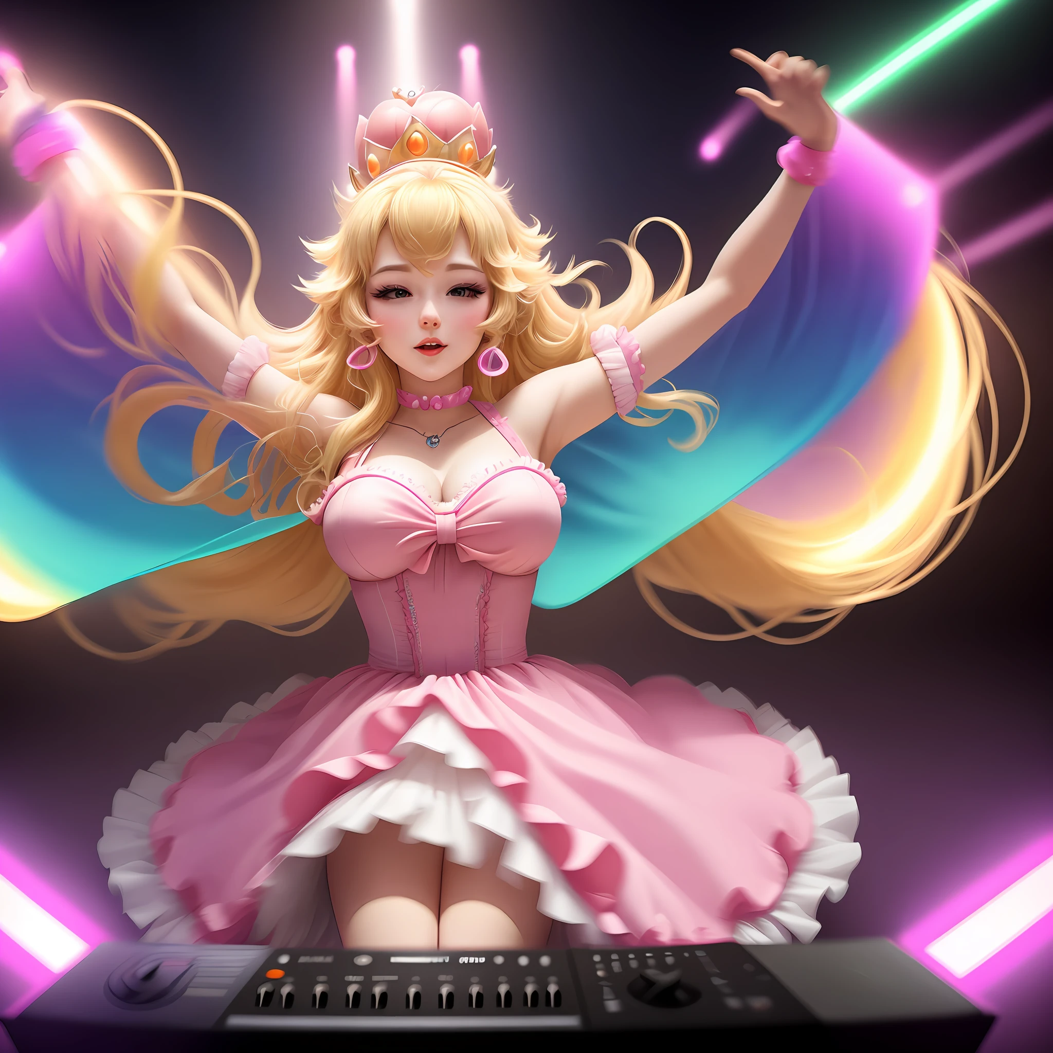 Floating high above the crowd, Princess Peach commands the stage in front of a wild and colorful rave. With her DJ skills on full display, she mixes the beats for the partygoers below, showcasing her prowess behind the turntables. Rave lights and lasers fill the air around her, as she basks in the energy of the crowd, her blonde hair and pink dress flowing in the breeze.