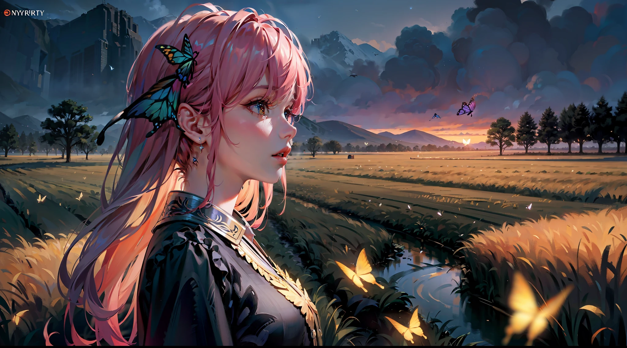 night, field, butterflyes, 8k uhd, (hyper realistic), (photo realistic), (masterpiece), (best quality)