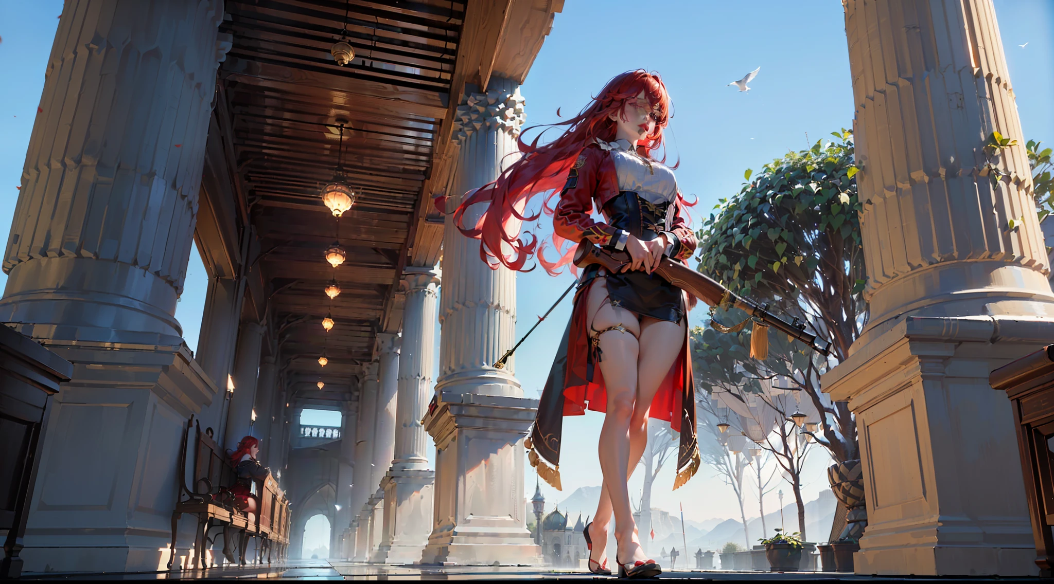 1girl (red dress), (corset), solo, (forest), (sky), flying, ((red hair)), ((red eyes)), close mouth, (long hair), dark lips, dynamic pose, (character design), ((full body)), (tanned skin:1.3), from afar, ((casual legs)), ((unusual pose)), ((3d realistic)), (rifle in hand:1.3) (((детализированный фон))), ((персонаж далеко от камеры)) 8k uhd, (hyper realistic), (photo realistic), (masterpiece), (best quality)