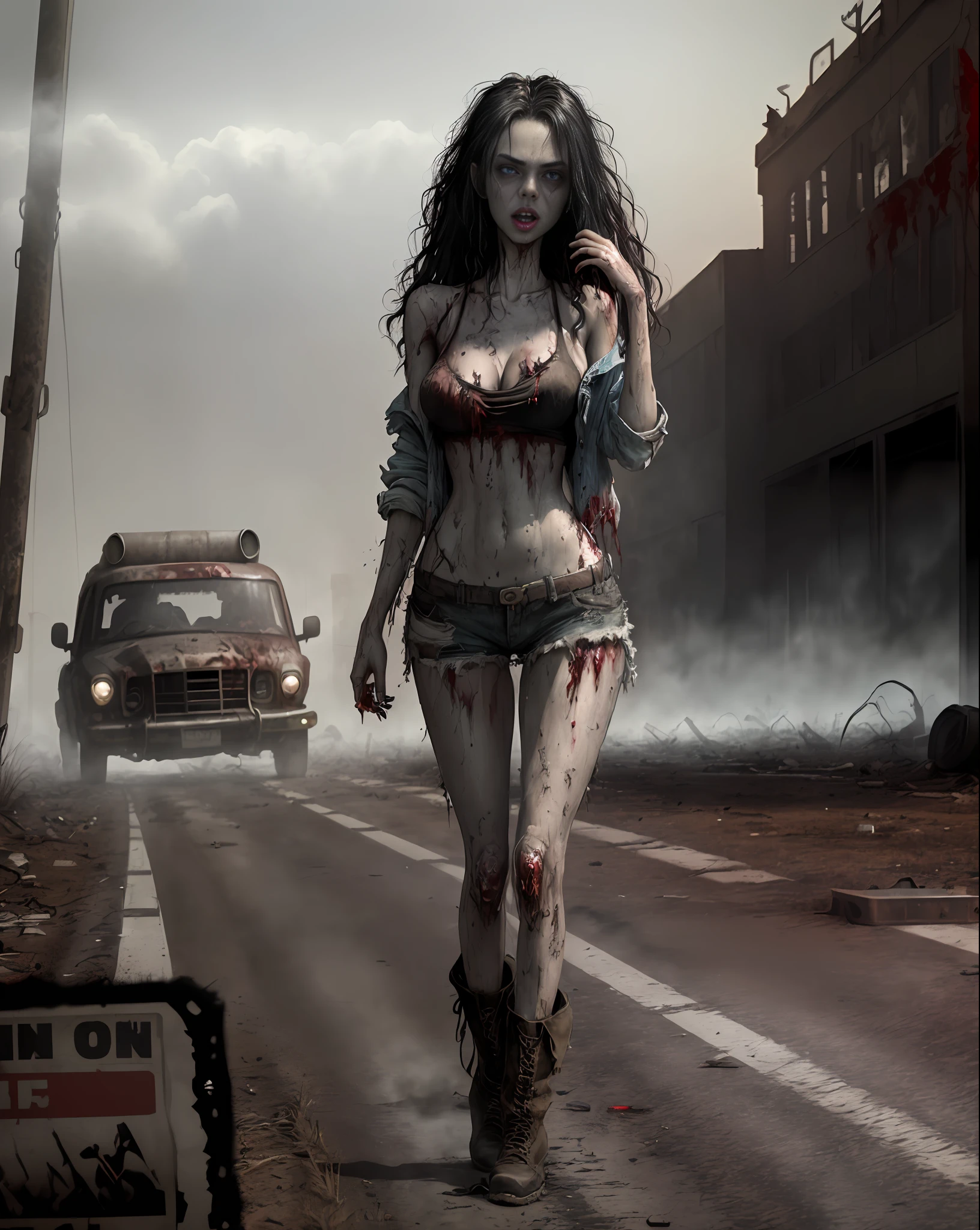 Yael Shelbia (beautiful and bold, seductive and attractive, blue eyes, pointed breasts, long curly black hair, sweaty body, open shirt, short shorts, boot, thick legs). (deserted road, dirt road, blood, zombies, zombies coming out of the smoke, zombies behind the model, abandoned cars, newspapers, abandoned objects, bodies lying on the ground, abandoned road, zombie movie, apocalyptic scenario, cinematic effect), (Best quality, masterpiece, depth of field, Full HD, 4K, richness of detail). Portrait style