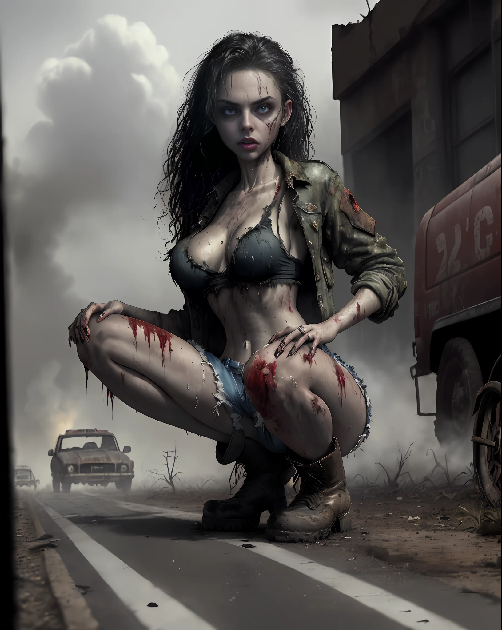 Yael Shelbia (beautiful and bold, seductive and attractive, blue eyes, pointed breasts, long curly black hair, sweaty body, open shirt, short shorts, boot, thick legs). (deserted road, dirt road, blood, zombies, zombies coming out of the smoke, zombies behind the model, abandoned cars, newspapers, abandoned objects, bodies lying on the ground, abandoned road, zombie movie, apocalyptic scenario, cinematic effect), (Best quality, masterpiece, depth of field, Full HD, 4K, richness of detail). Portrait style