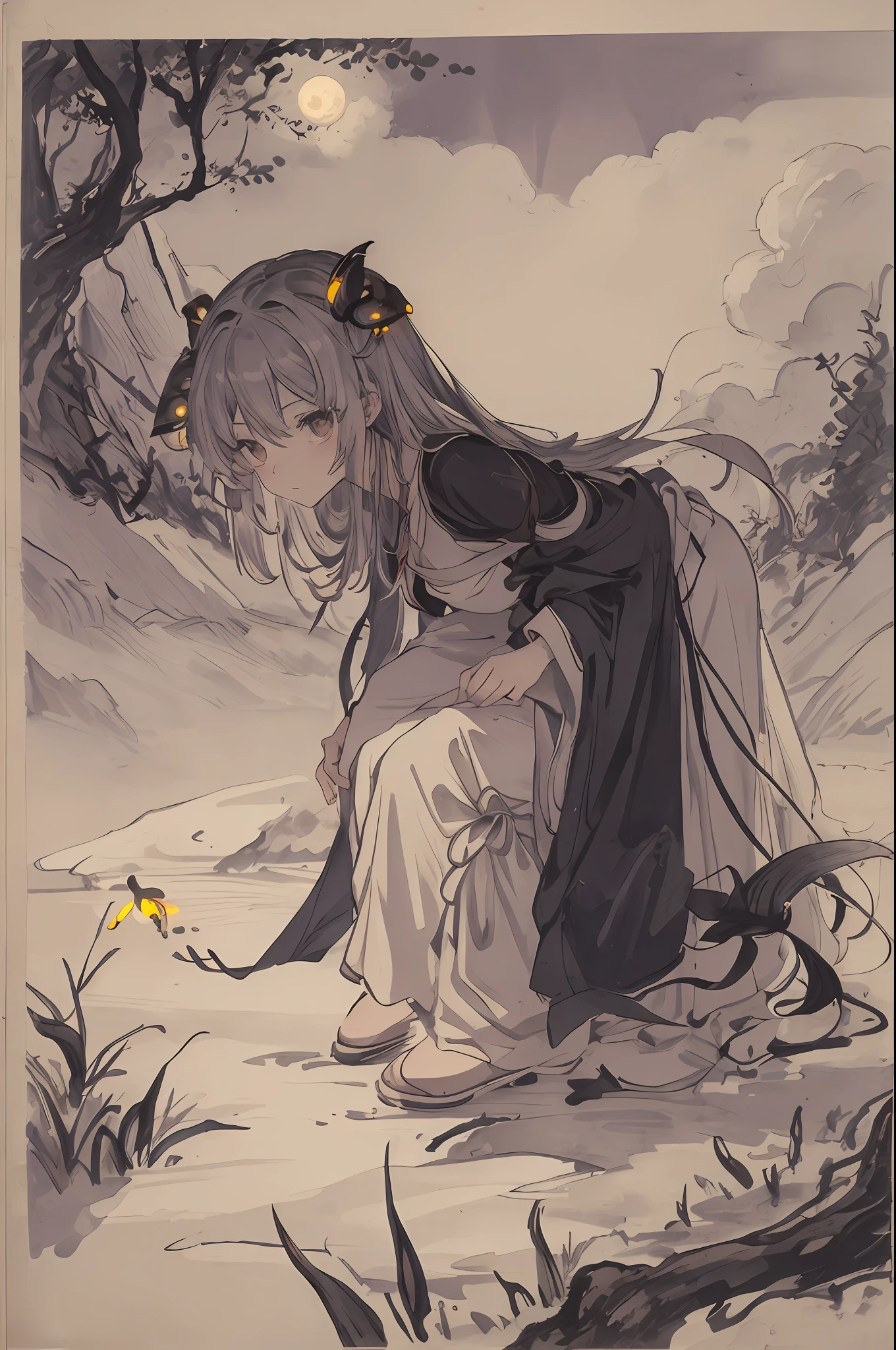 masterpiece, best quality, night, hill, clouds, full moon, long hair, woman, silhouette, fireflies.