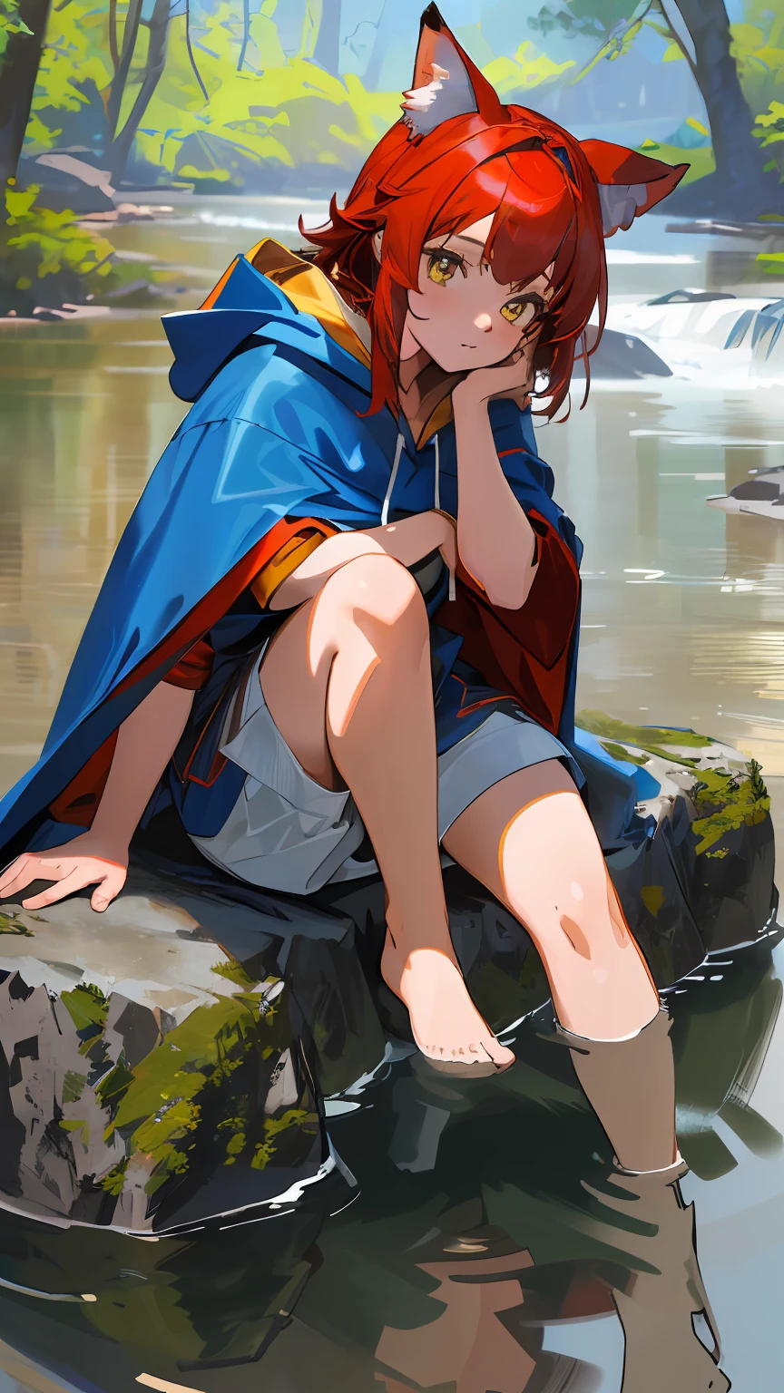 8k, best quality, ultra high res, (photorealistic:1.4), raw photo, ultra realistic, 1girl, red hair, animal ears, blue hood, hooded cape, pose: sitting a rock, ears sticking out, detailed face, detailed yellow eyes, forest background, feet: in water, river, -