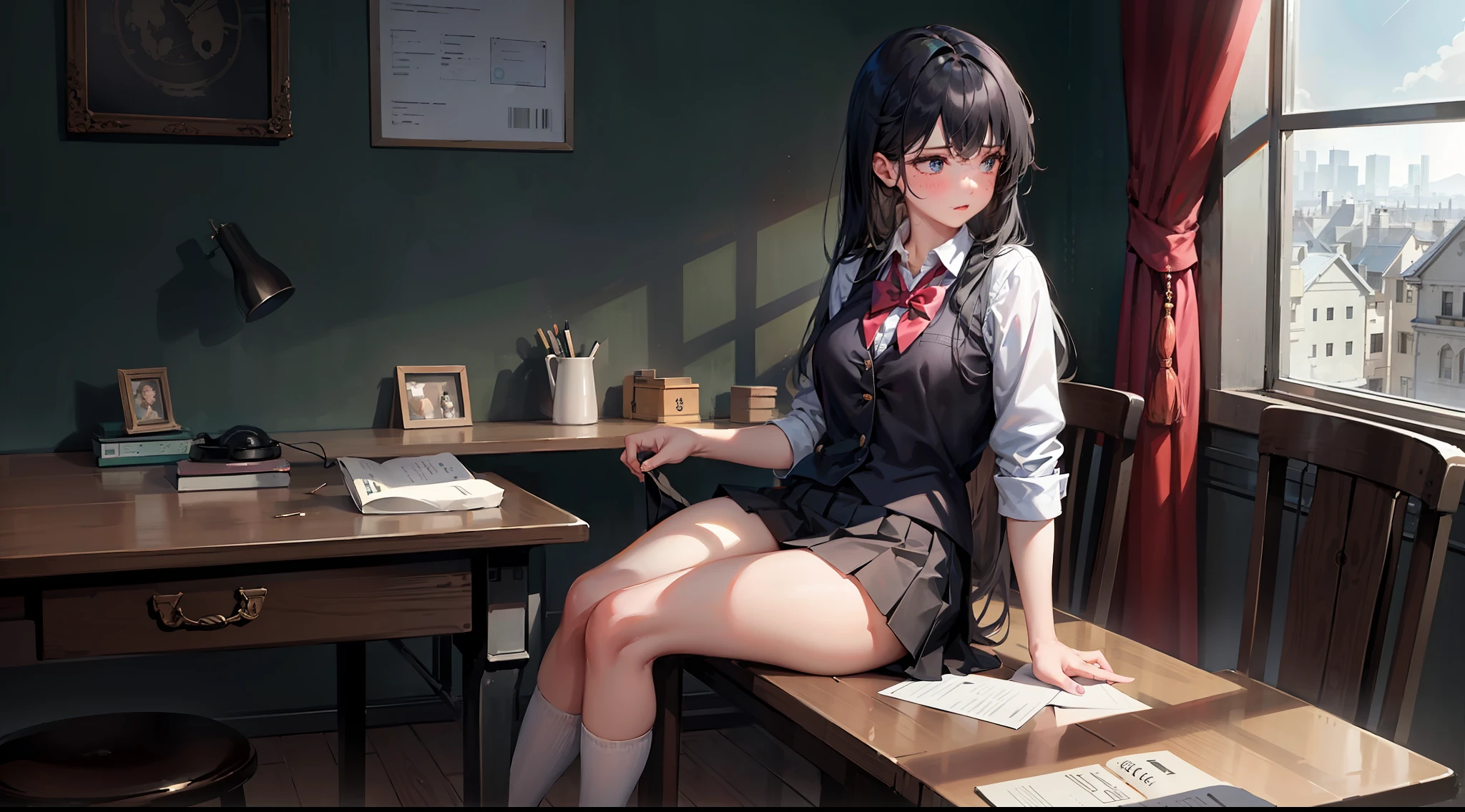 girl, school uniform, very short skirt, very big tits, fair skin, random birthmarks, long straight black hair, blue eyes, sitting at her desk, looking away, front view