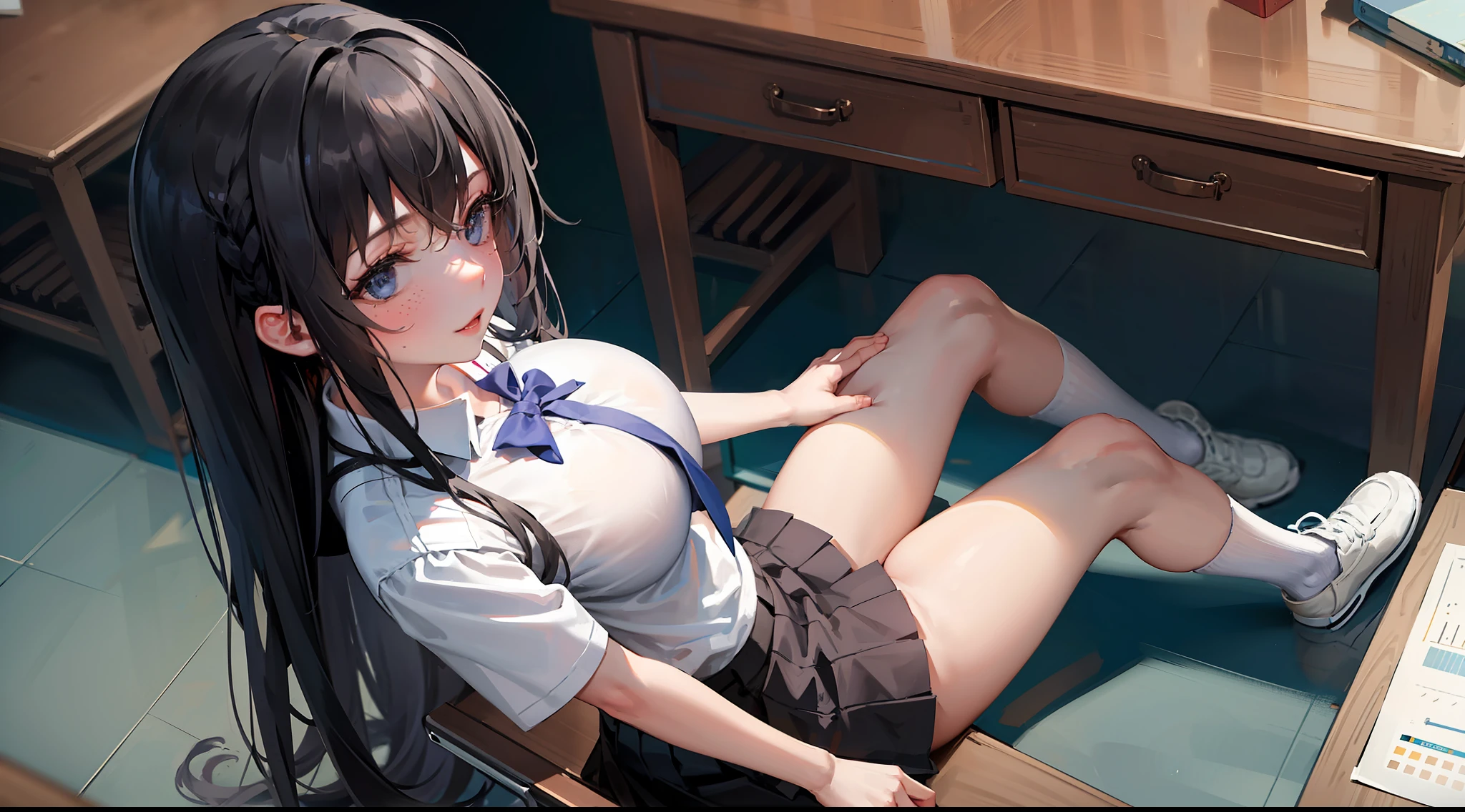 girl, school uniform, very short skirt, very big tits, fair skin, random birthmarks, long straight black hair, blue eyes, sitting at her desk, looking away, front view
