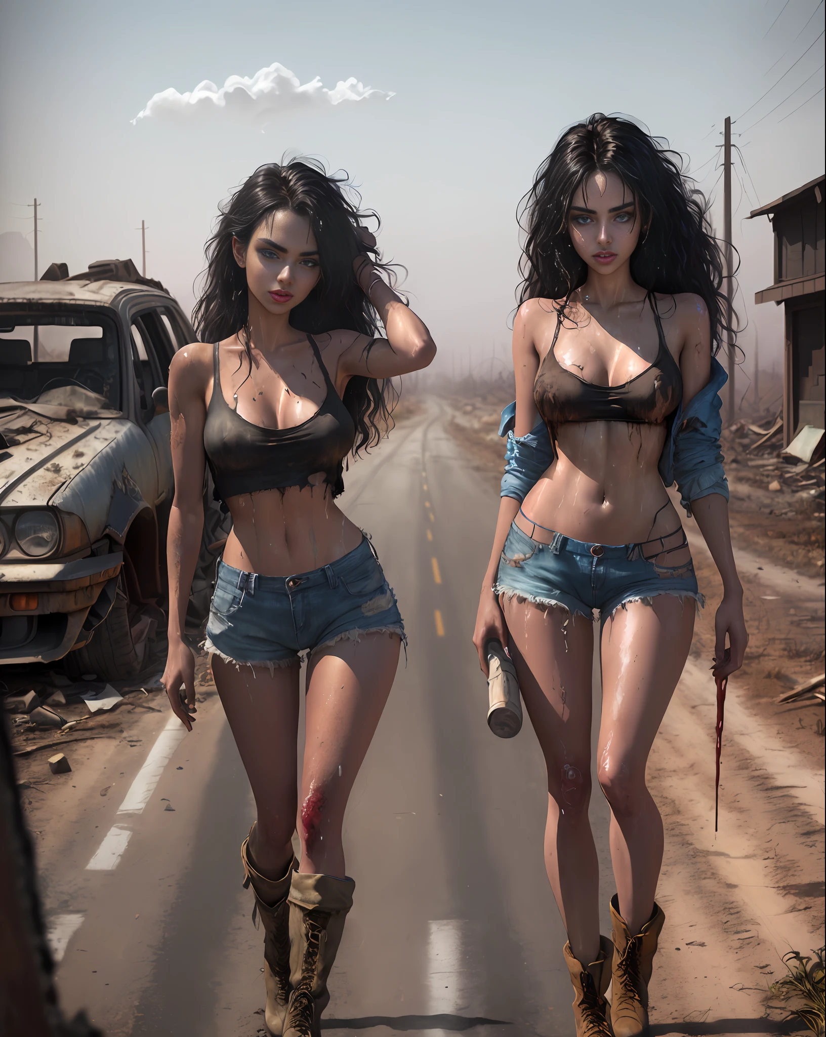 Yael Shelbia (beautiful and bold, seductive and attractive, blue eyes, pointed breasts, long curly black hair, sweaty body, open shirt, short shorts, boot, thick legs). (deserted road, dirt road, blood, smoke, abandoned cars, newspapers, abandoned objects, bodies lying on the ground, abandoned road, apocalyptic scenery, cinematic effect), (Best quality, masterpiece, depth of field, Full HD, 4K, richness of detail). Portrait style