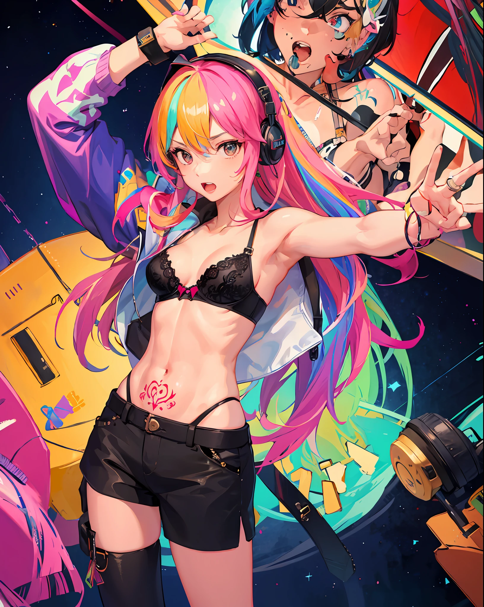 masterpiece, couple, dynamic, raise hands, shout, face up, downtown, hustle, striking eyes, fine skin texture, confident lol, overhead view, strabismus, strabismus, strabismus, high resolution, profoto, street corner, crotch, pink, sheer bra, spotlight, rock singer, 1girl, solo, rainbow hair, hoodie, navel, straight hair, hands in pockets, headphones, Long Hair, Tattoo