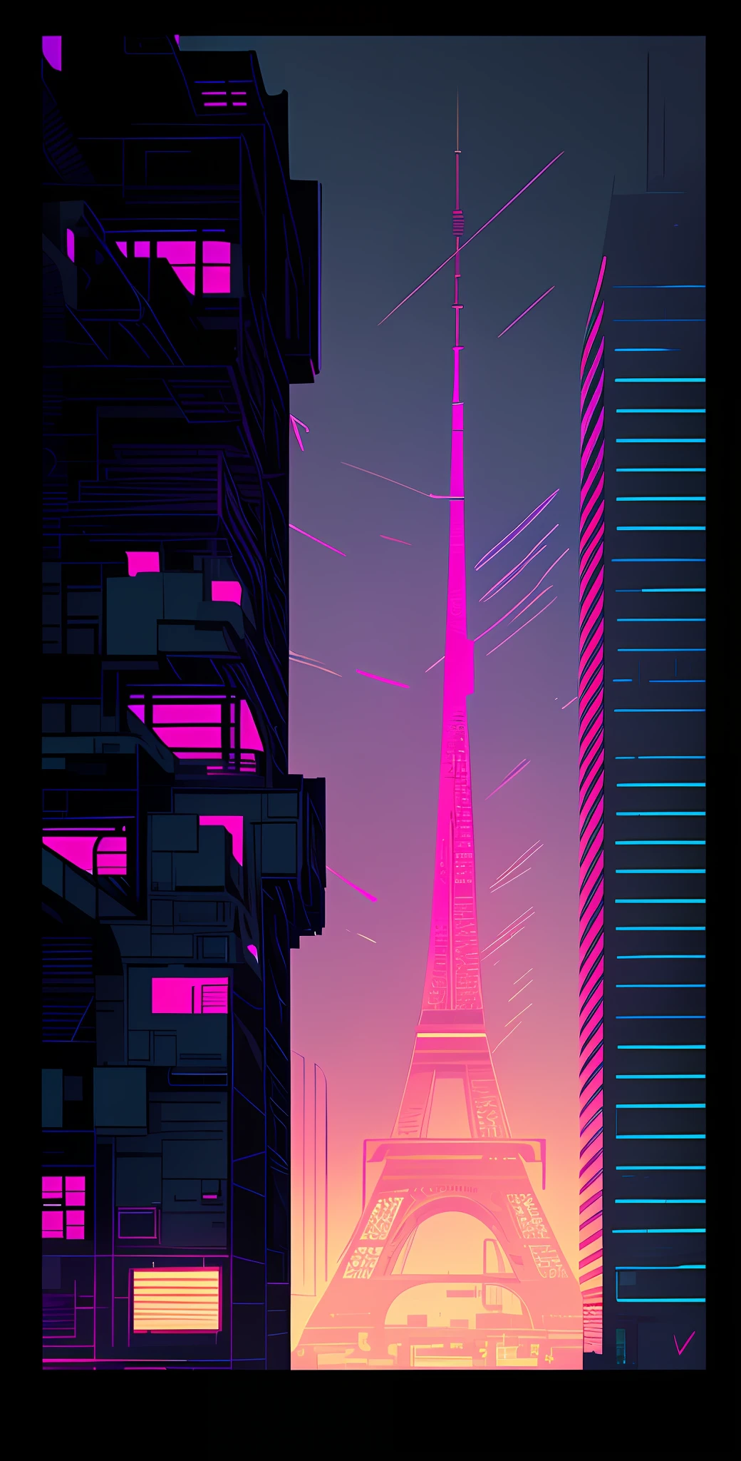 a close-up of a city with a large building and ((( the real Effeil tower in the background in the center))), inspired by Liam Wong, cyberpunk art style, lofi art, in the style of Laurie Greasley, neo tokyo background, inspired by Kilian Eng, by Kilian Eng, art deco outrun anime aesthestic, cyberpunk illustration, cyberpunk themed art, jen bartel,  Art by Alena Aenami