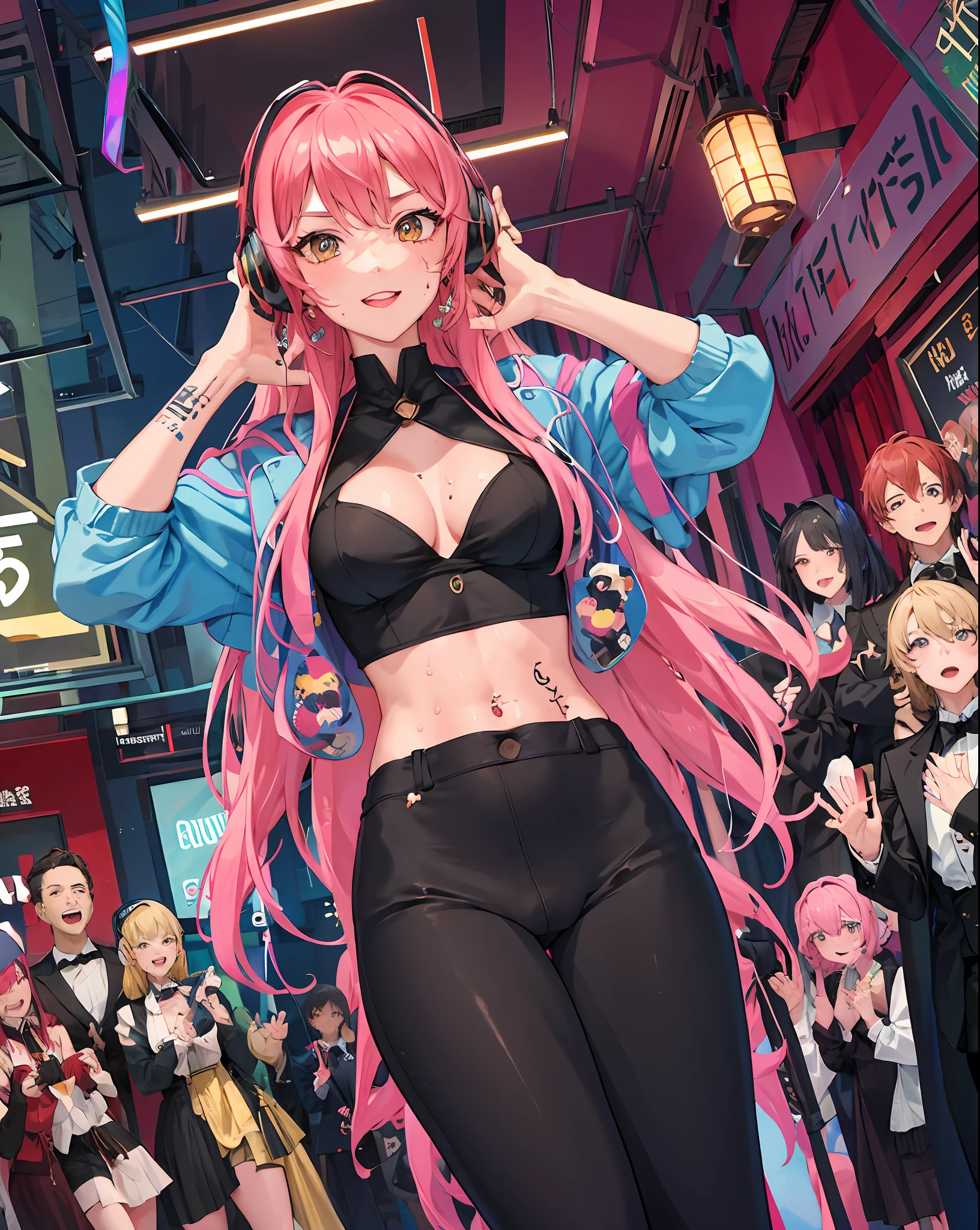 masterpiece, couple, dynamic, host club, champagne tower, raise hands, sweat, rasson, confident lol, overhead view, strabismus, high resolution, profoto, street corner, crotch, pink, sheer, spotlight, rock singer, 1girl, solo, rainbow hair, hoodie, navel, straight hair, hands in pockets, headphones, long hair, tattoo