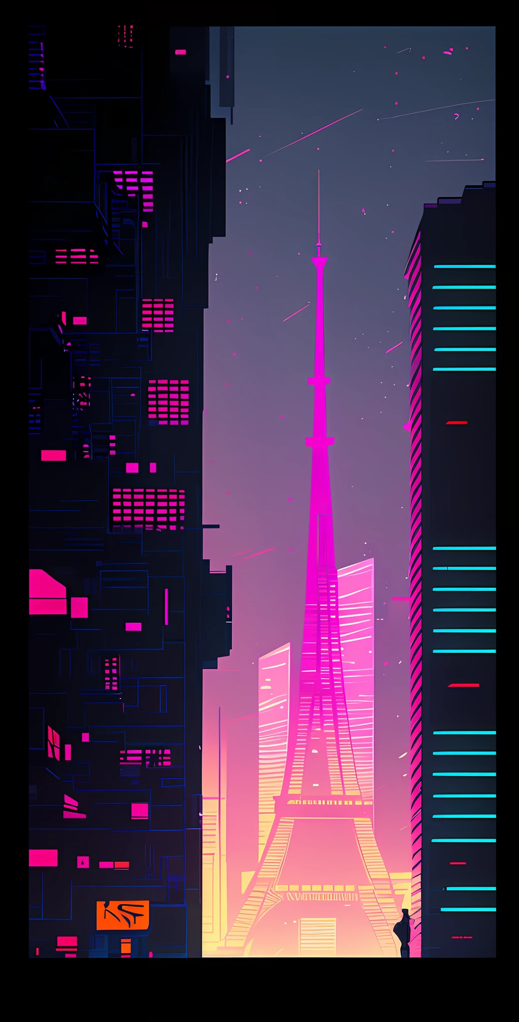 a close-up of a city with a large building and ((( the real Effeil tower in the background in the center))), inspired by Liam Wong, cyberpunk art style, lofi art, in the style of Laurie Greasley, neo tokyo background, inspired by Kilian Eng, by Kilian Eng, art deco outrun anime aesthestic, cyberpunk illustration, cyberpunk themed art, jen bartel,  Art by Alena Aenami