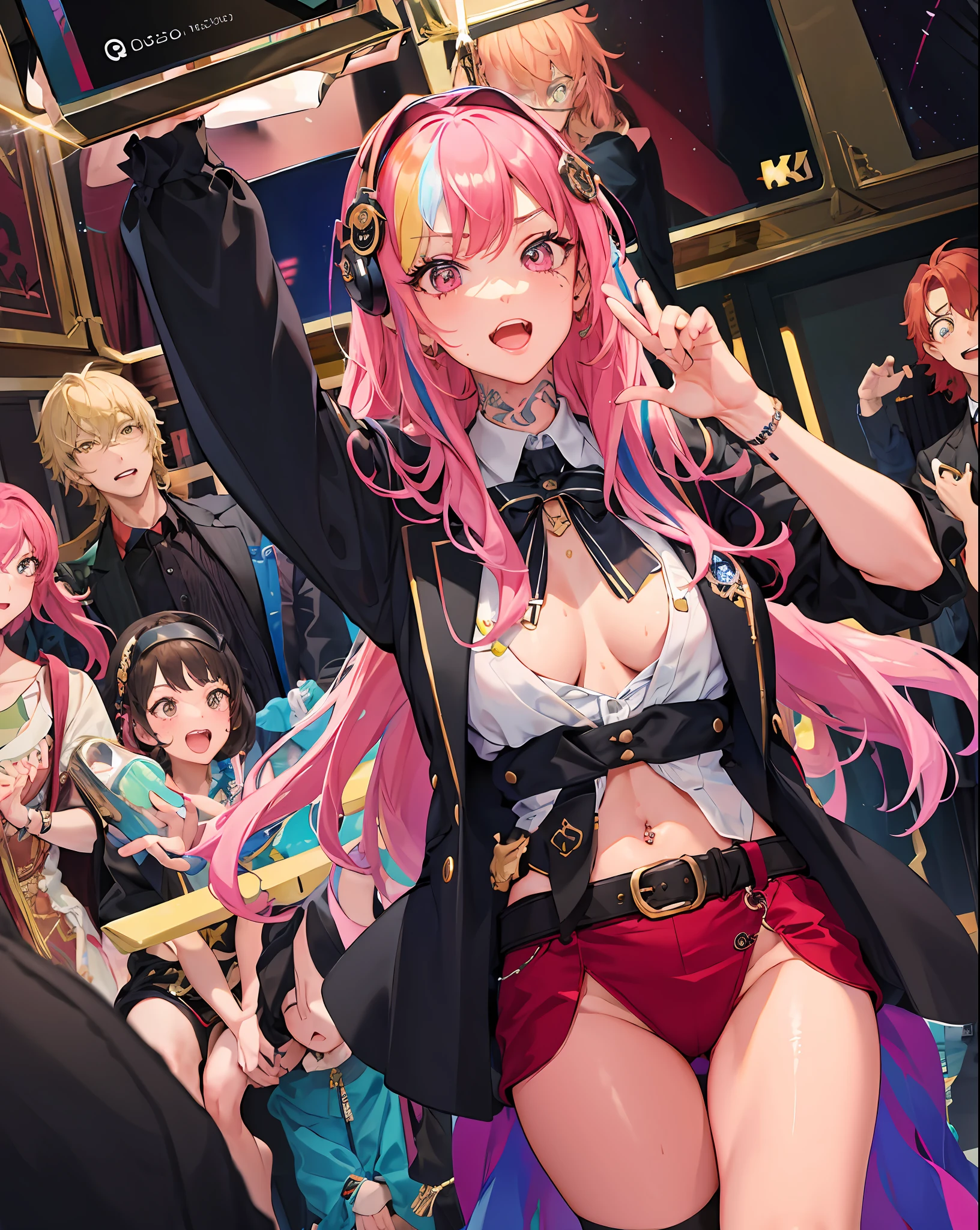 masterpiece, couple, dynamic, host club, champagne tower, raise hands, sweat, rasson, confident lol, overhead view, strabismus, high resolution, profoto, street corner, crotch, pink, sheer, spotlight, rock singer, 1girl, solo, rainbow hair, hoodie, navel, straight hair, hands in pockets, headphones, long hair, tattoo