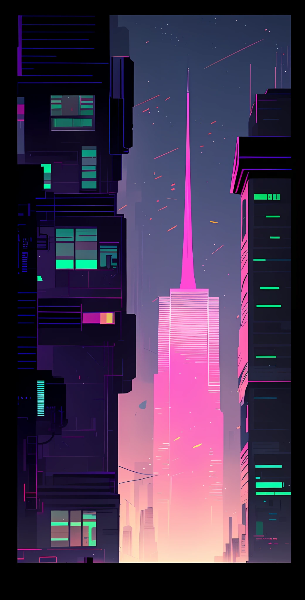 a close-up of a city with a large building and the Effeil tower in the background in the center, inspired by Liam Wong, cyberpunk art style, lofi art, in the style of Laurie Greasley, neo tokyo background, inspired by Kilian Eng, by Kilian Eng, art deco outrun anime aesthestic, cyberpunk illustration, cyberpunk themed art, jen bartel, Art by Alena Aenami